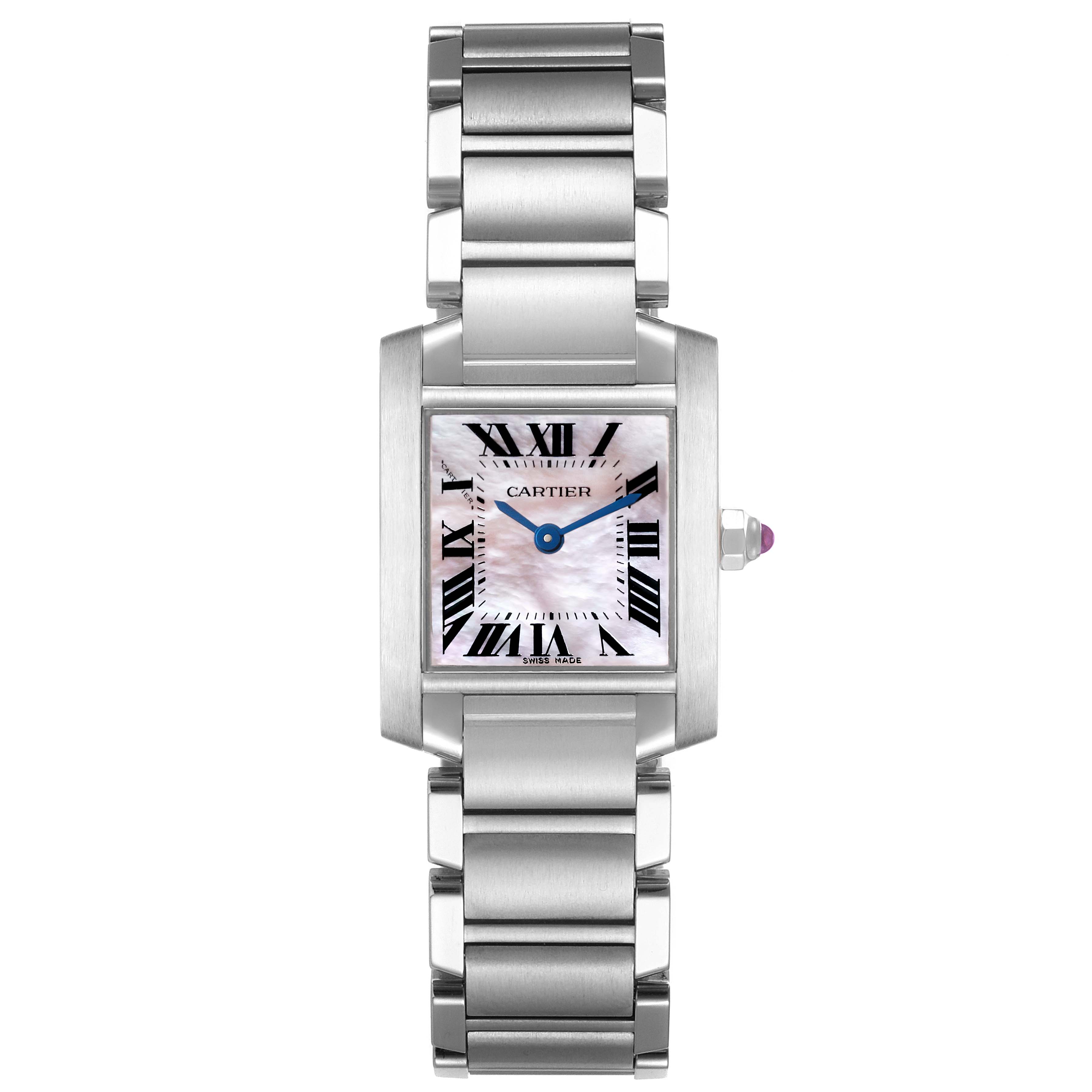 This image shows a frontal view of the Cartier Tank Francaise W51028Q3 Women's Stainless Steel Mother of Pearl Dial W51028Q3 Women's Stainless Steel Mother of Pearl Dial watch, highlighting the face, bracelet, and crown details.