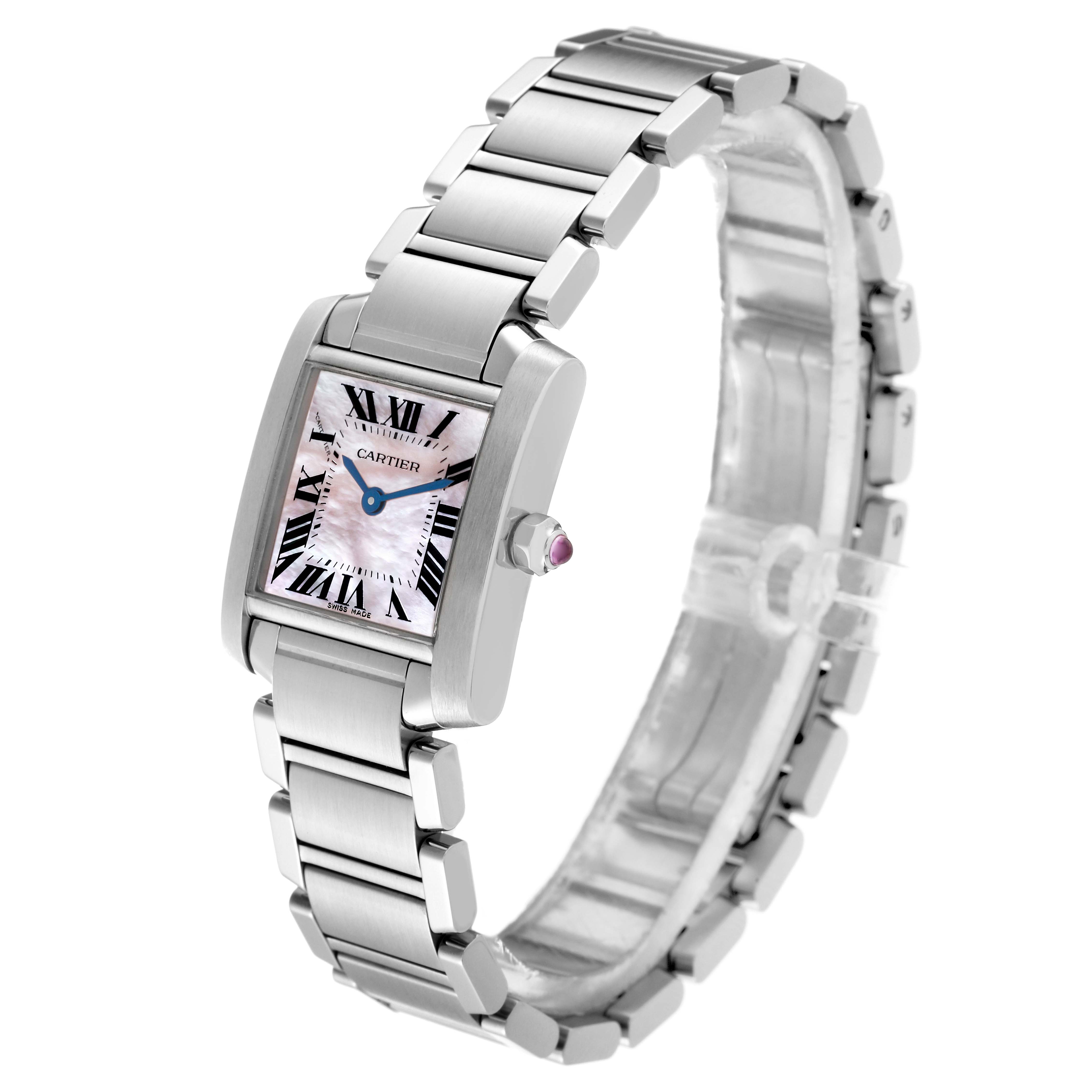 The Cartier Tank Francaise W51028Q3 Women's Stainless Steel Mother of Pearl Dial W51028Q3 Women's Stainless Steel Mother of Pearl Dial watch is shown at a side angle, displaying its face, bracelet, and crown with a cabochon.