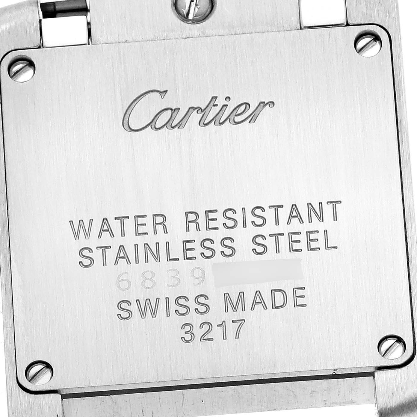 This image shows the back case of the Cartier Tank Française watch, highlighting its water resistance and stainless steel material.