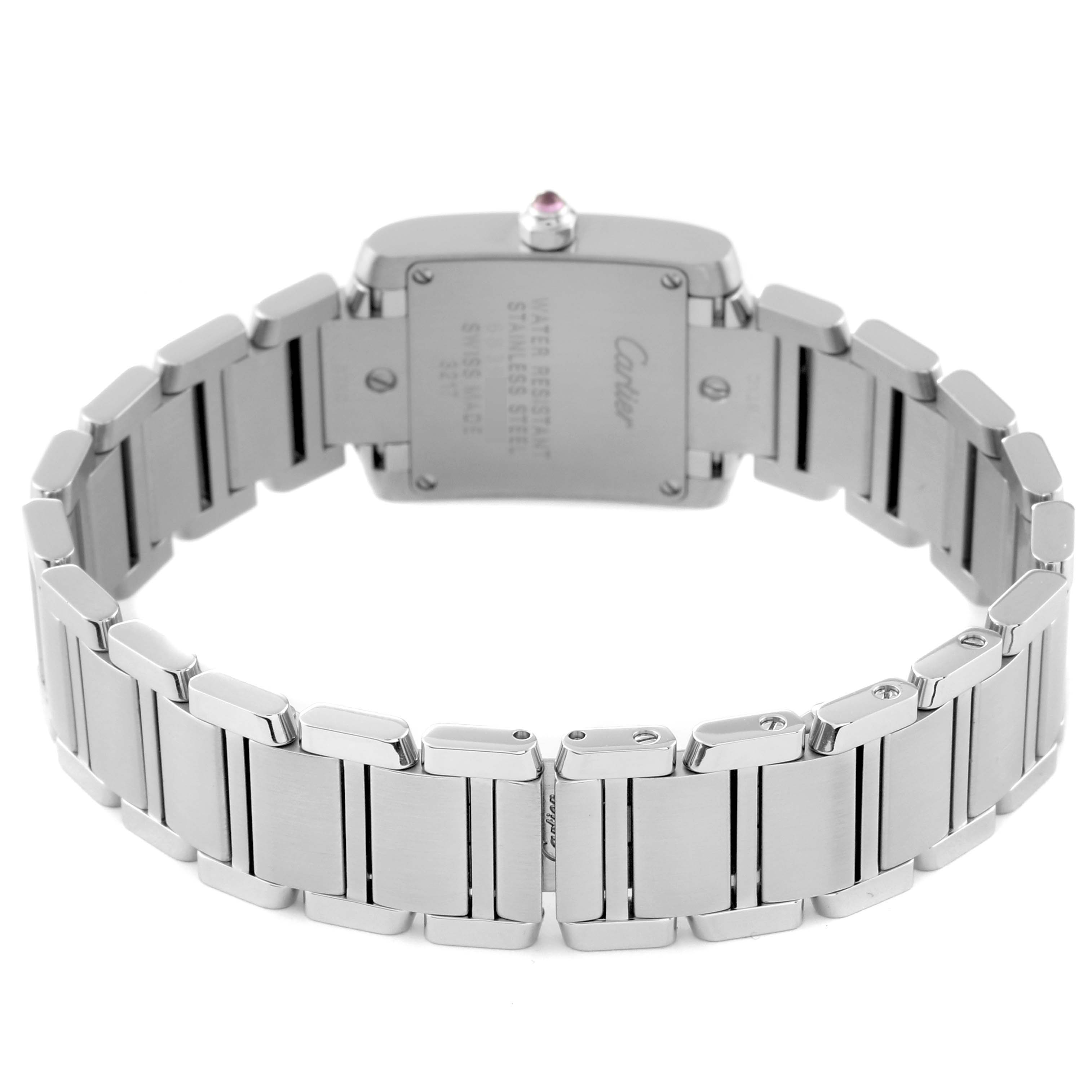 This image shows the back and bracelet of the Cartier Tank Francaise W51028Q3 Women's Stainless Steel Mother of Pearl Dial W51028Q3 Women's Stainless Steel Mother of Pearl Dial watch, displaying the stainless steel band and case back.