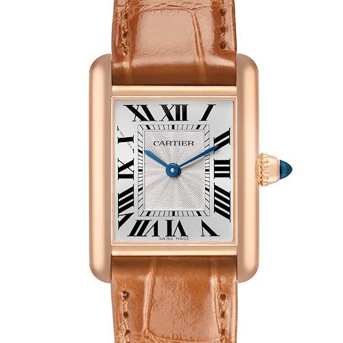 The Cartier Tank Louis WGTA0010 Women's Rose Gold Silver Dial watch is shown from a front angle, highlighting its rectangular face, Roman numerals, and leather strap.