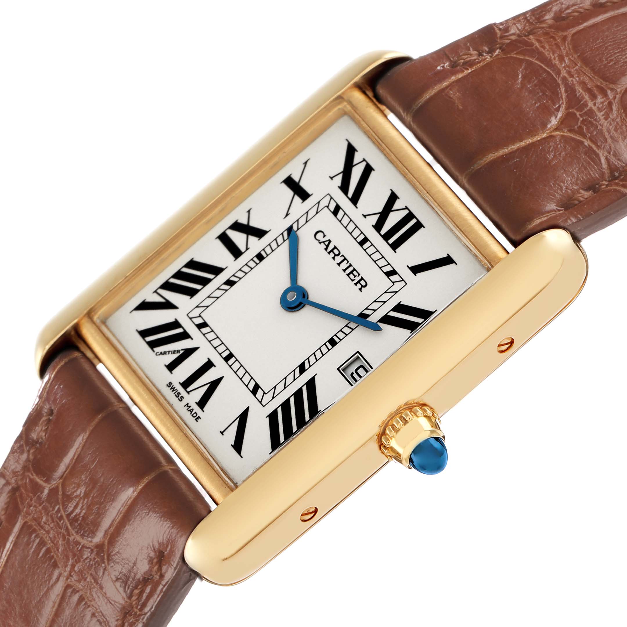 The Cartier Tank Louis W1529756 Men's Yellow Gold Silver Dial watch is shown at a slight angle, displaying the face, bezel, crown with a blue gemstone, and brown leather strap.