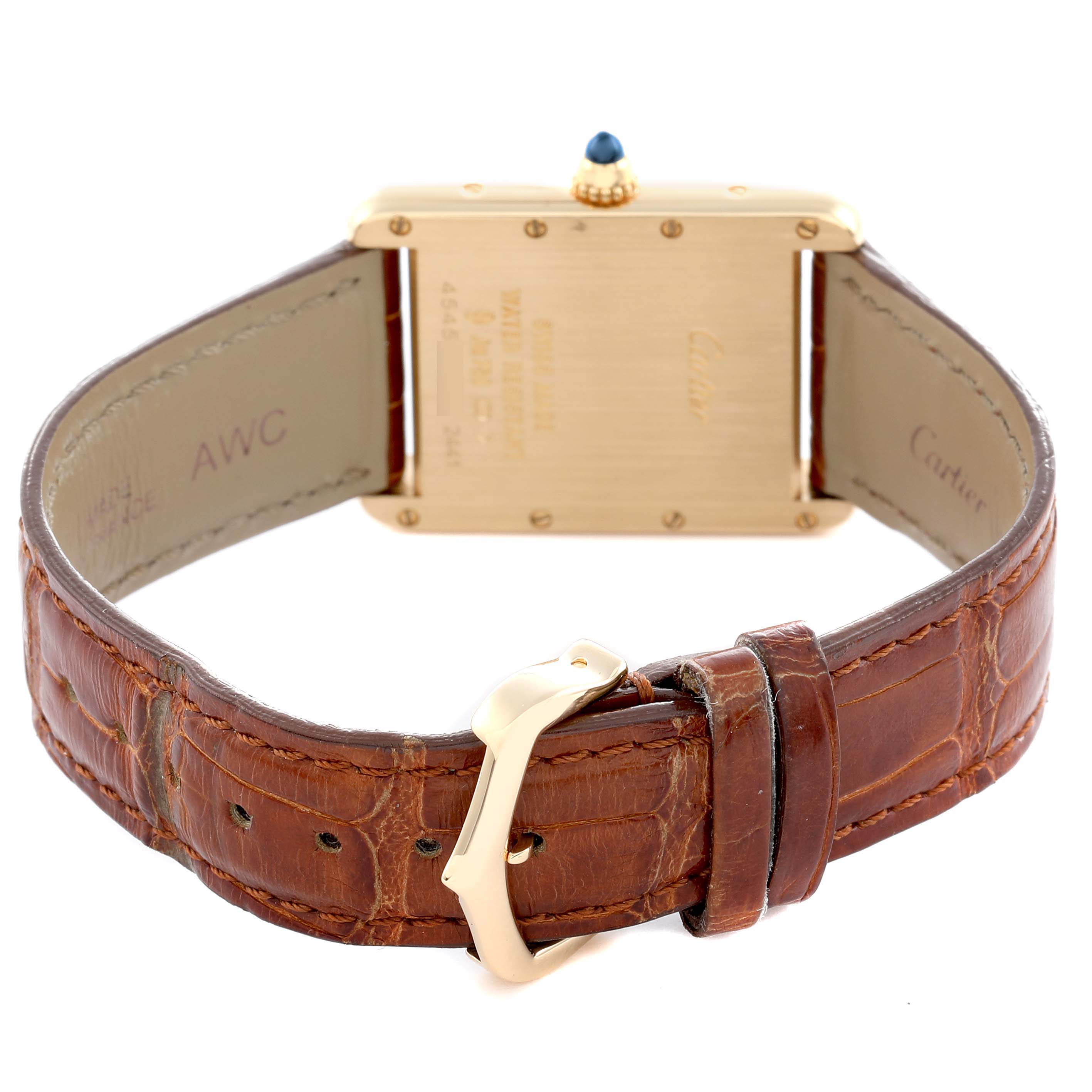 The image shows the back of the Cartier Tank Louis W1529756 Men's Yellow Gold Silver Dial watch with its leather strap and gold buckle visible.