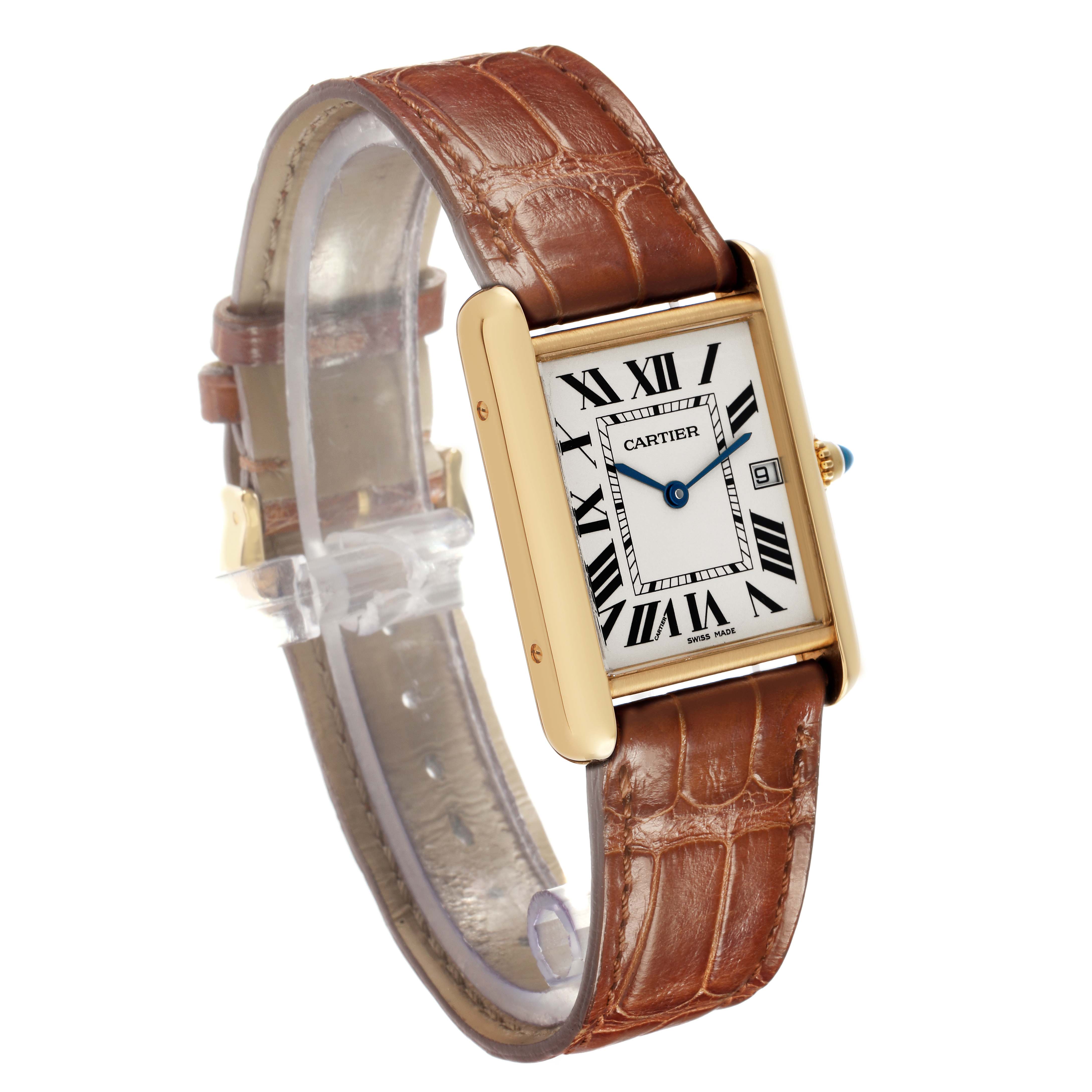 The Cartier Tank Louis W1529756 Men's Yellow Gold Silver Dial watch is shown at a three-quarter angle, highlighting the face, case, crown, and brown leather strap.