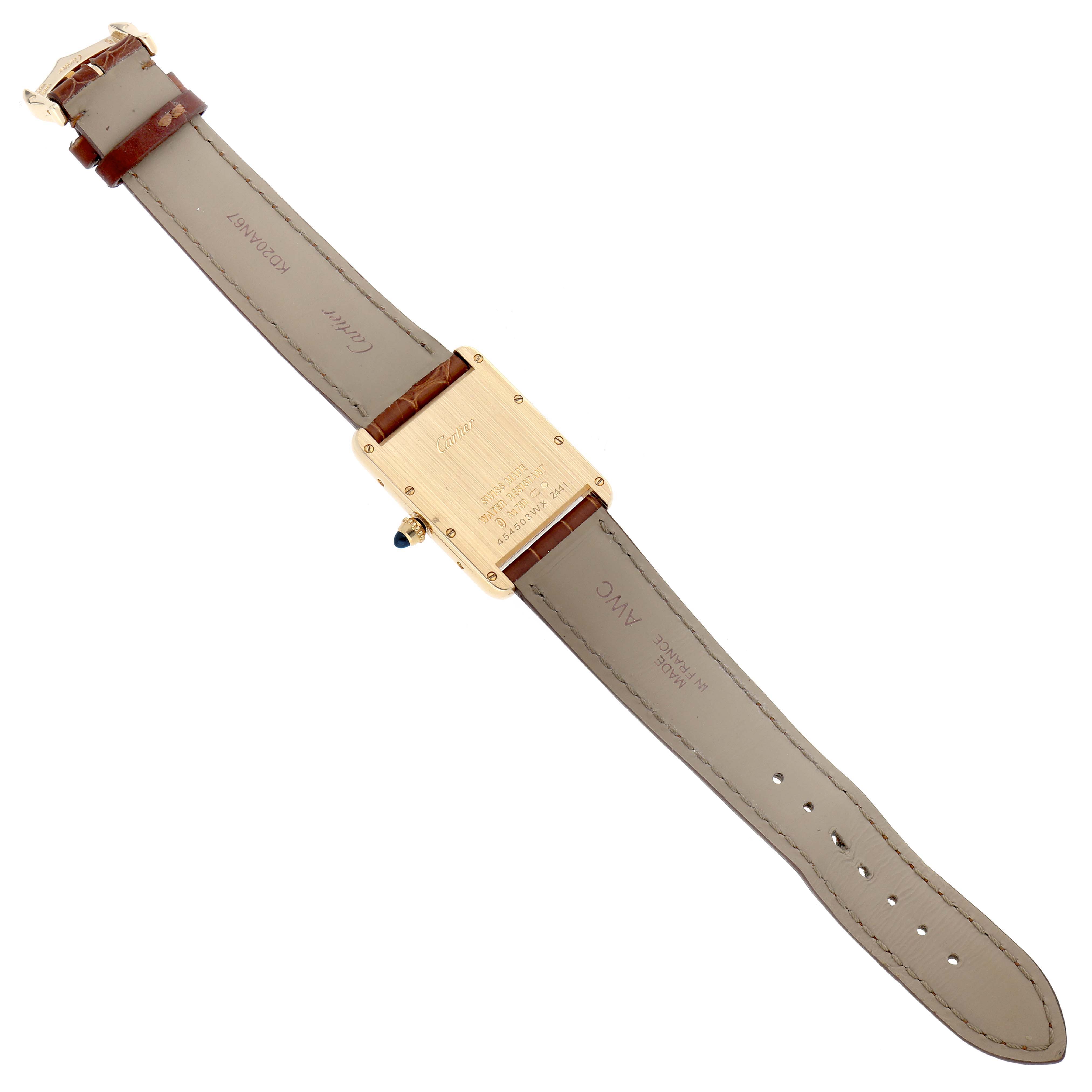 The image shows the back of a Cartier Tank Louis W1529756 Men's Yellow Gold Silver Dial watch with the strap fully extended, highlighting the case back and straps.