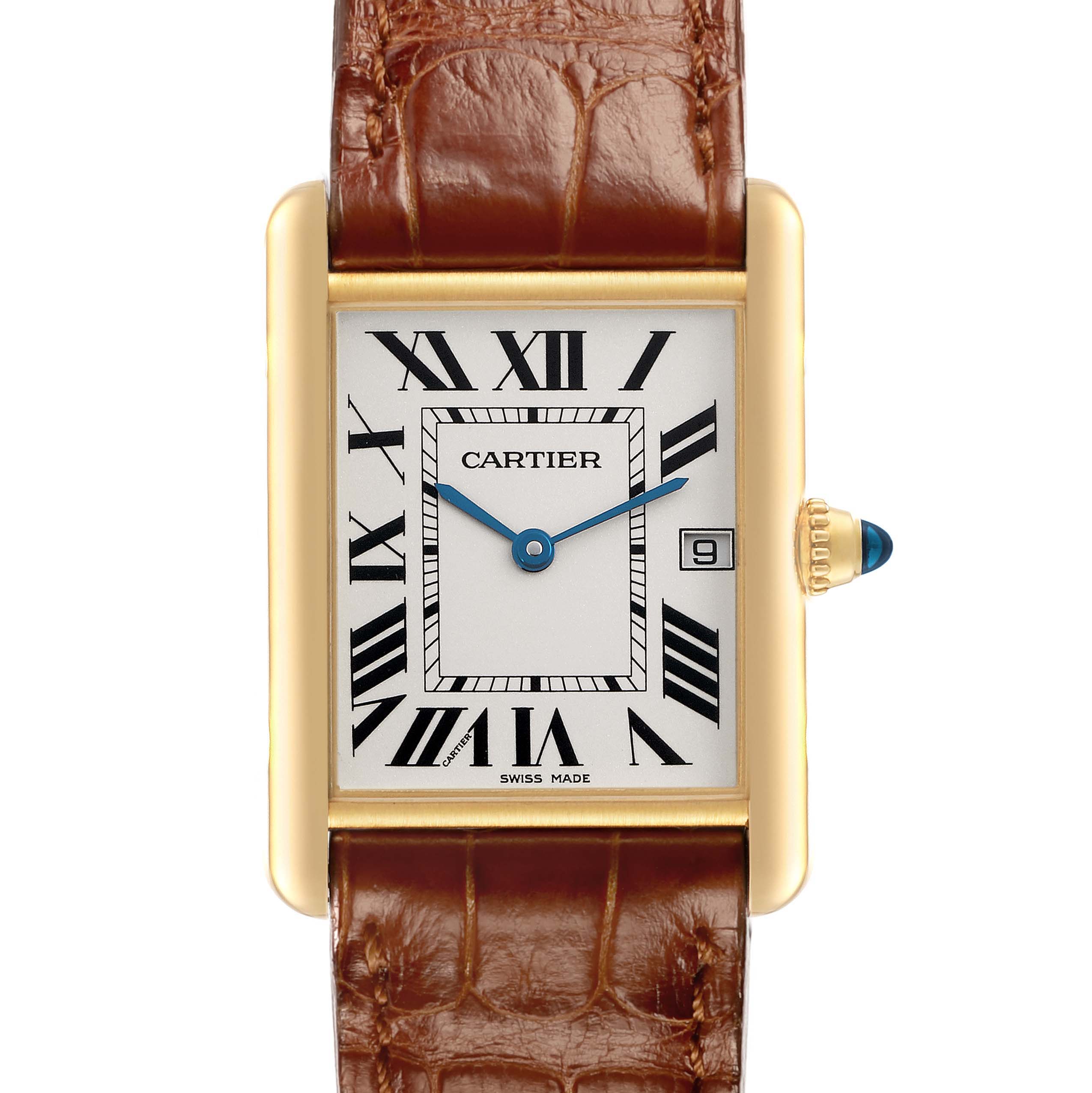 The Cartier Tank Louis W1529756 Men's Yellow Gold Silver Dial watch is shown from a top-down angle, highlighting the face, case, crown, and leather strap.