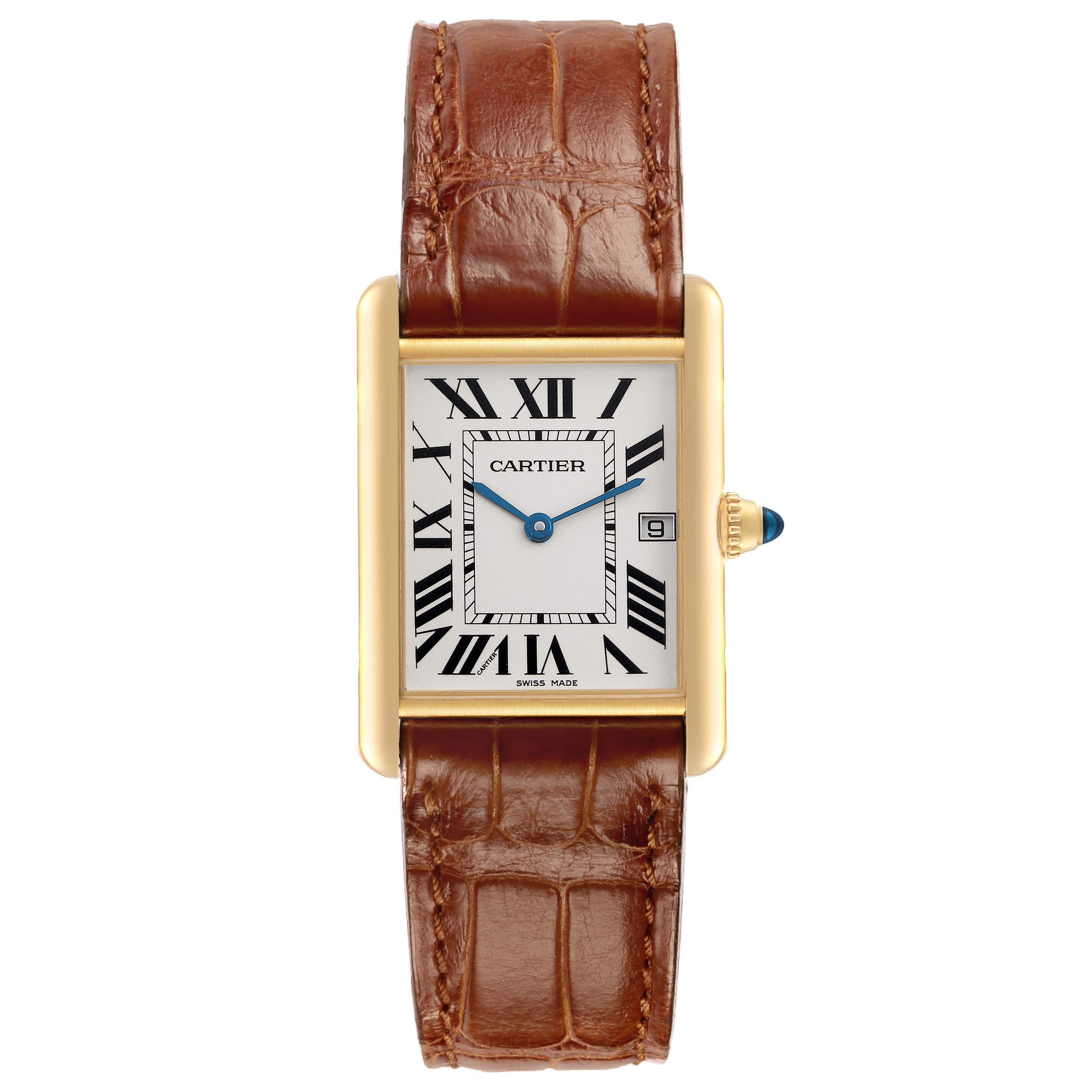 The Cartier Tank Louis W1529756 Men's Yellow Gold Silver Dial watch is shown from the front, highlighting its rectangular face, Roman numerals, and brown leather strap.