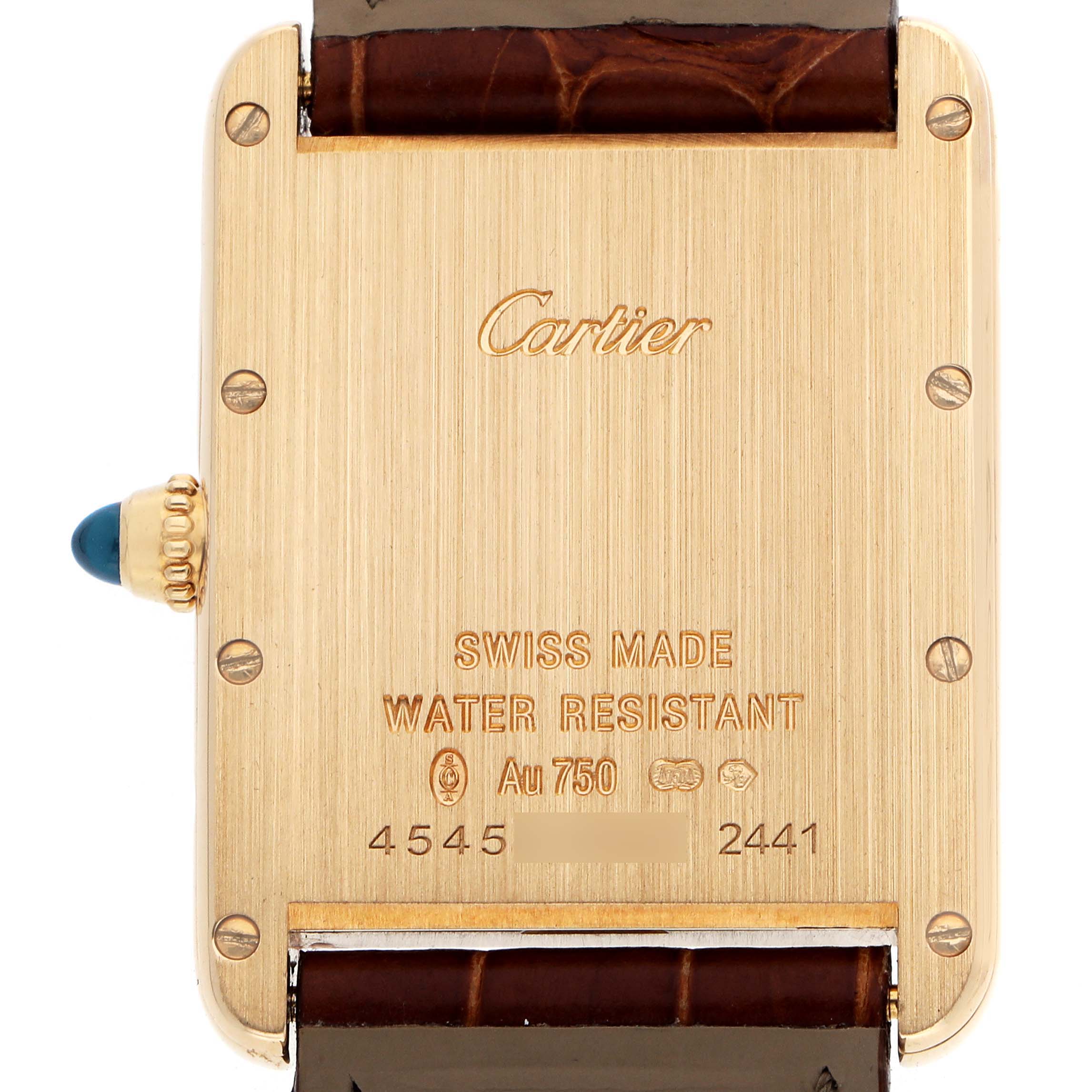 The image shows the case back of a Cartier Tank Louis W1529756 Men's Yellow Gold Silver Dial watch, highlighting engravings and a blue cabochon crown from a rear angle.