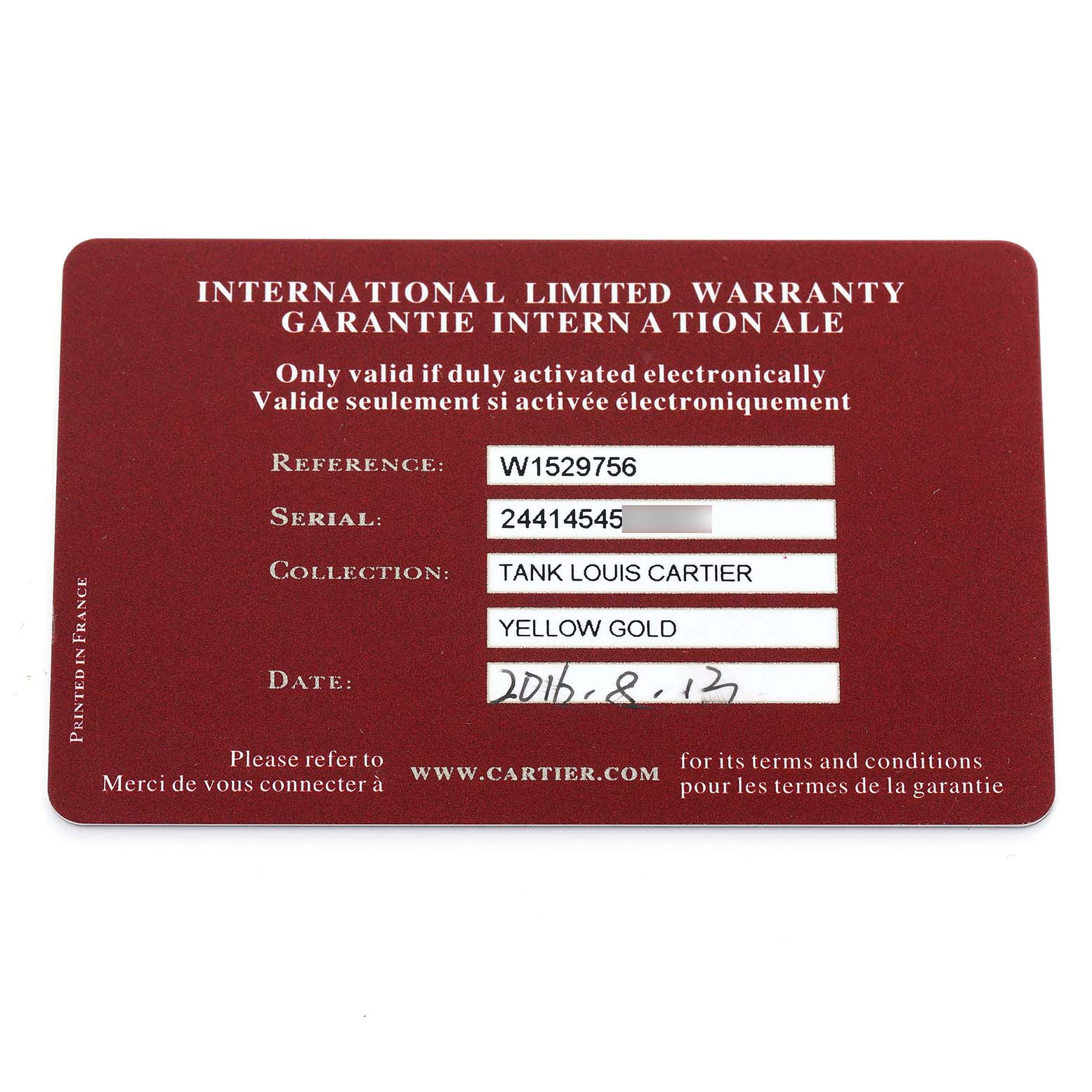 The image shows the international warranty card for a Cartier Tank Louis W1529756 Men's Yellow Gold Silver Dial watch, detailing reference, serial number, and date of purchase.