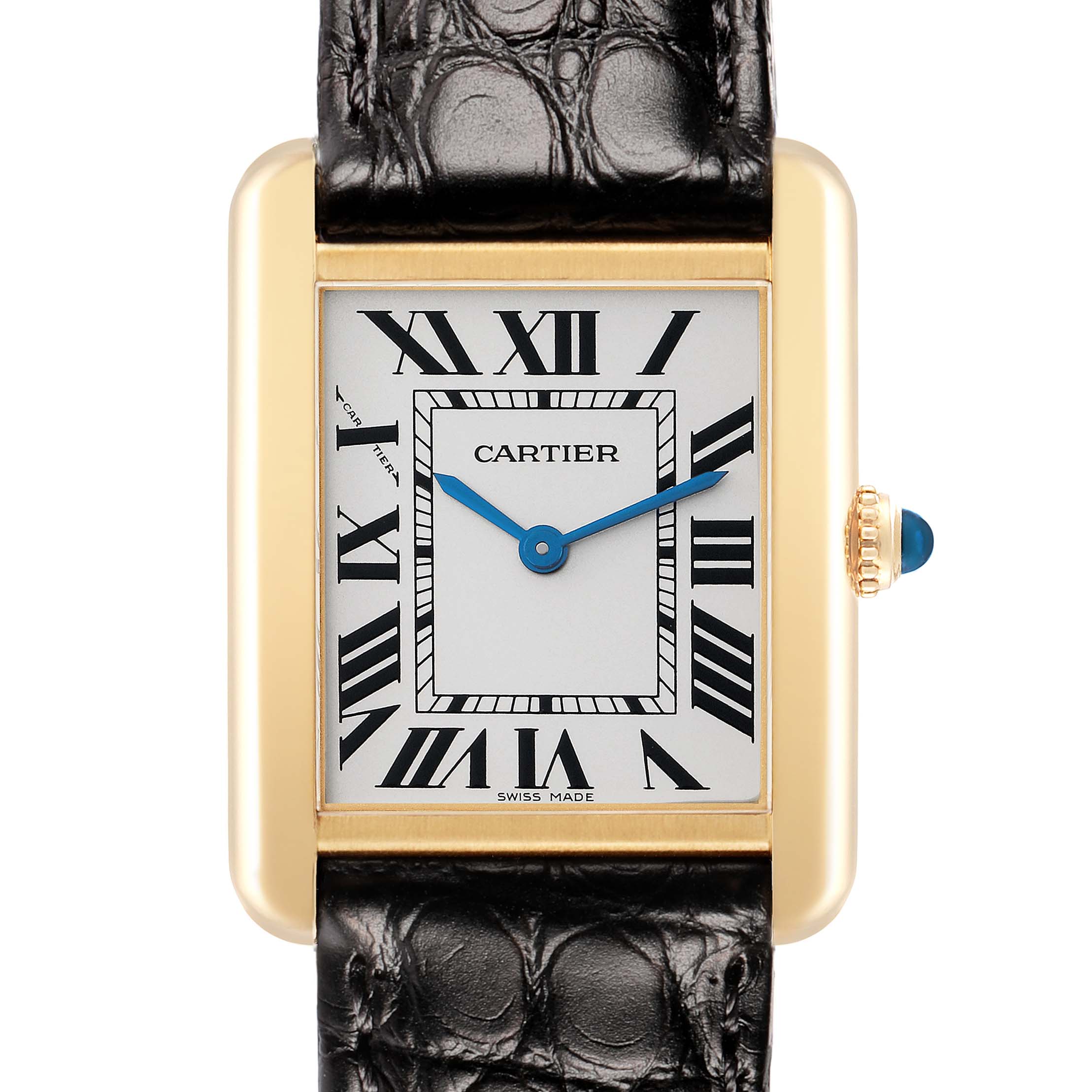 The Cartier Tank Solo W1018755 Women
s Yellow Gold Silver Dial watch is shown in a front view highlighting its rectangular face, blue hands, Roman numerals, and black leather strap.