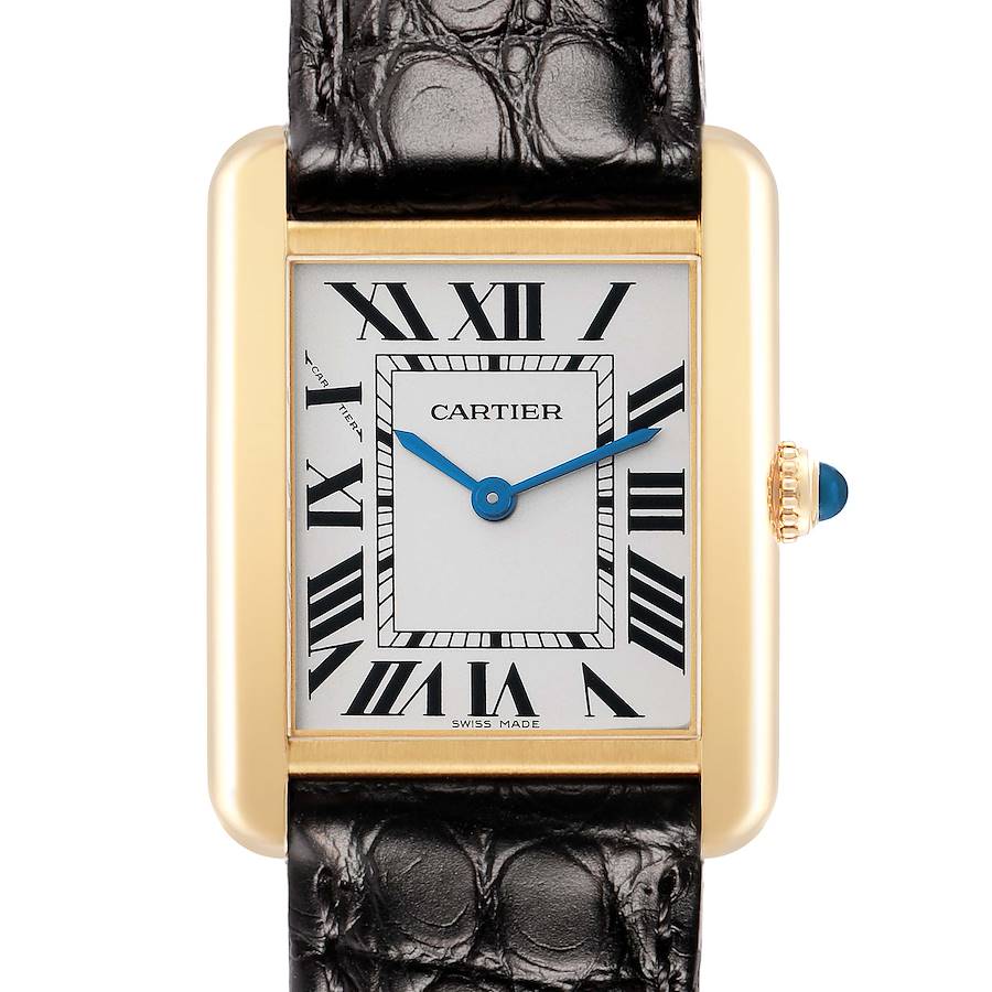 The Cartier Tank Solo W1018755 Women's Yellow Gold Silver Dial watch is shown in a front view highlighting its rectangular face, blue hands, Roman numerals, and black leather strap.