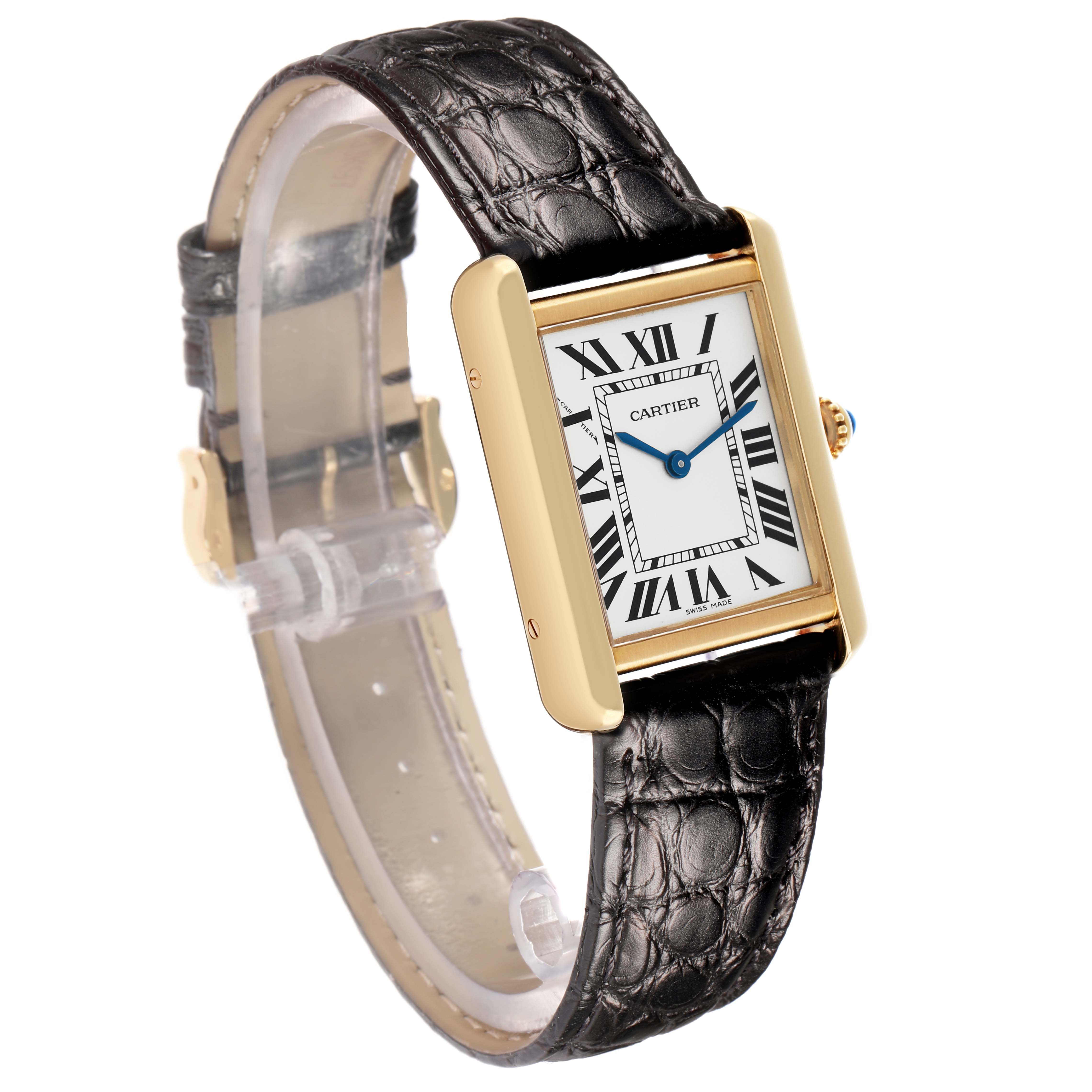 The Cartier Tank Solo W1018755 Women
s Yellow Gold Silver Dial is shown at a three-quarter angle, highlighting its rectangular face, Roman numerals, gold casing, and black leather strap.