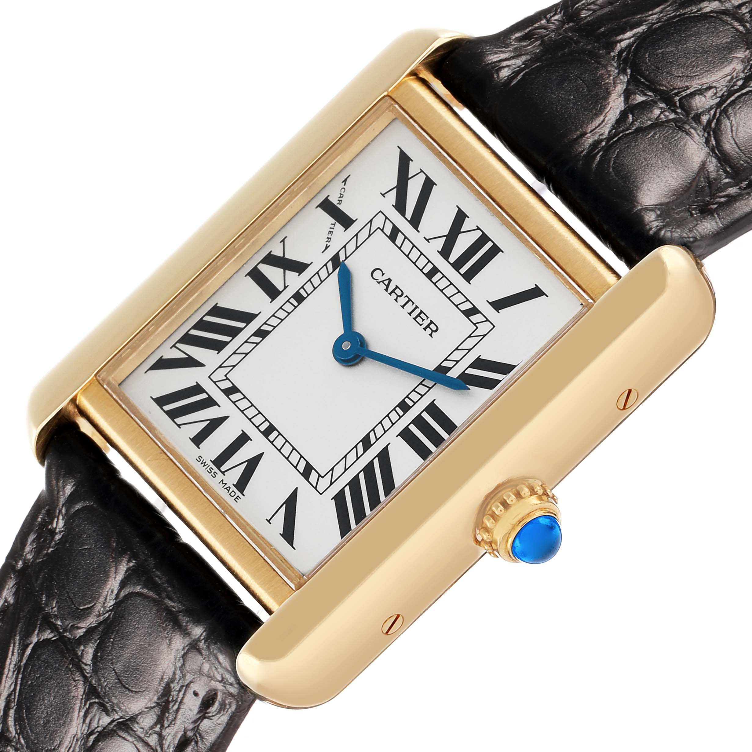 The Cartier Tank Solo W1018755 Women
s Yellow Gold Silver Dial watch is shown at an angled view highlighting the dial, case, crown, and part of the strap.