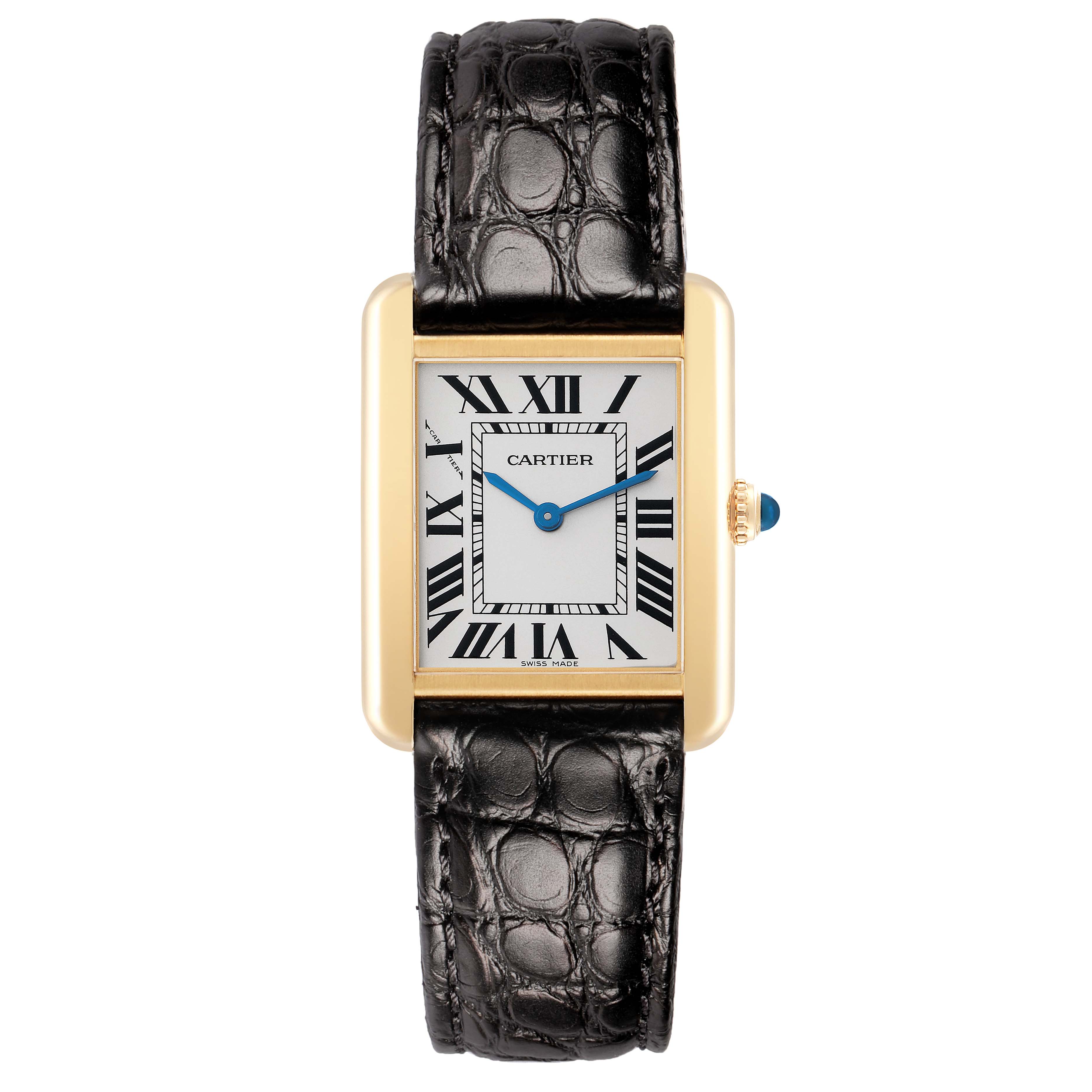 The Cartier Tank Solo W1018755 Women
s Yellow Gold Silver Dial watch is shown from the front, displaying its rectangular gold case, white dial with Roman numerals, and black leather strap.