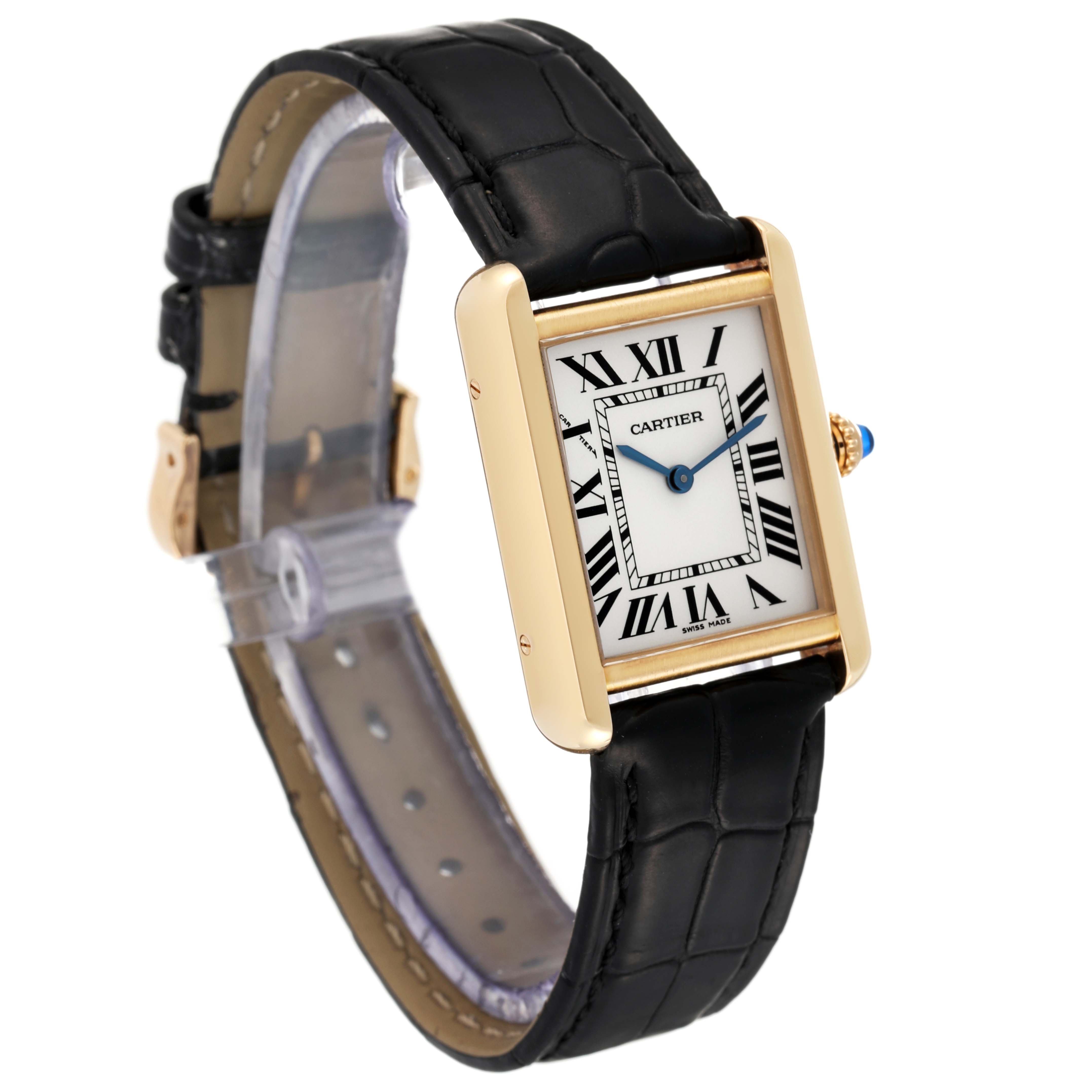 This image shows the Cartier Tank Solo W1018755 Women's Yellow Gold Silver Dial W1018755 Women's Yellow Gold Silver Dial watch at an angled view, featuring its rectangular face, Roman numerals, and black leather strap.