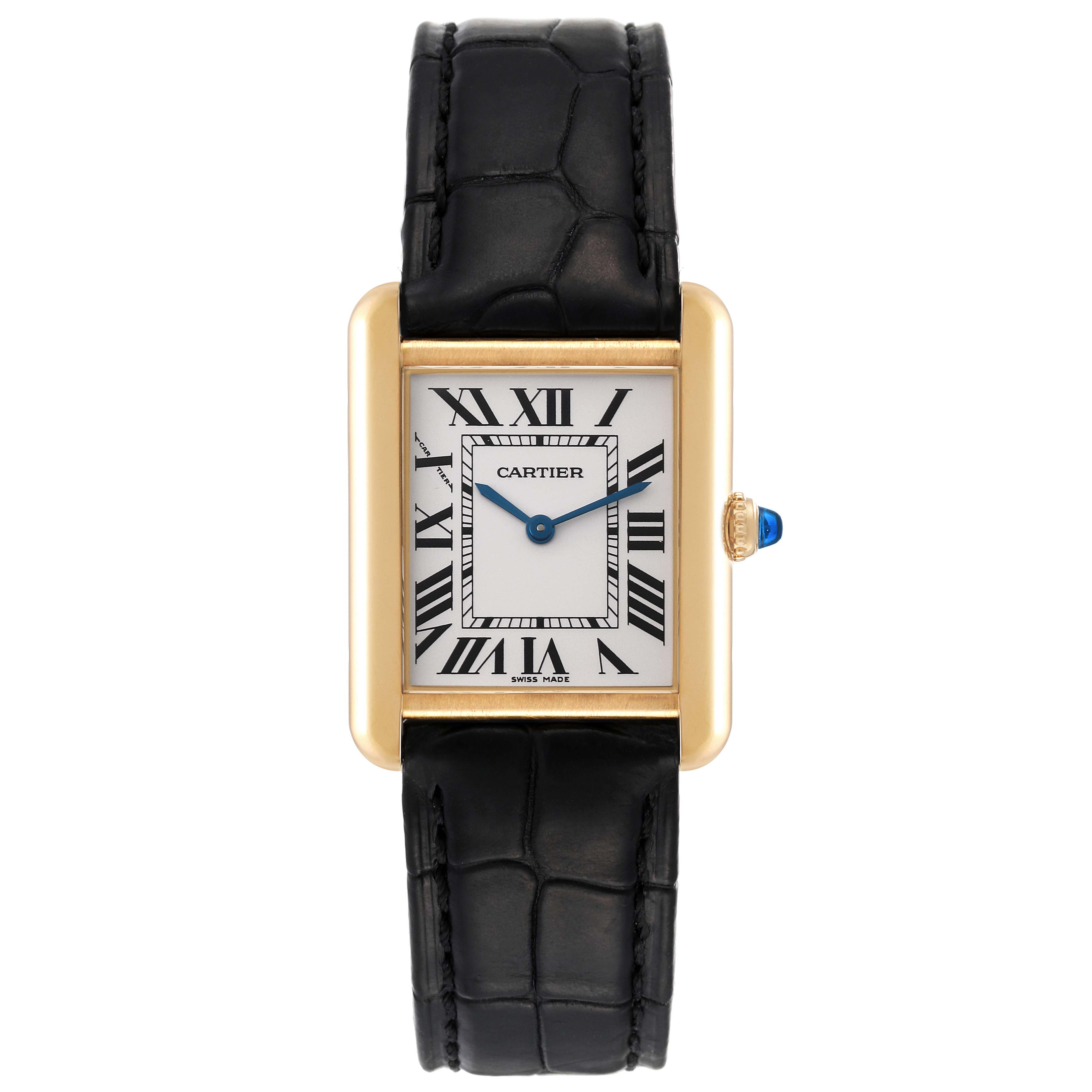The image shows a front view of the Cartier Tank Solo W1018755 Women's Yellow Gold Silver Dial W1018755 Women's Yellow Gold Silver Dial watch, highlighting its rectangular dial, Roman numerals, and black leather strap.