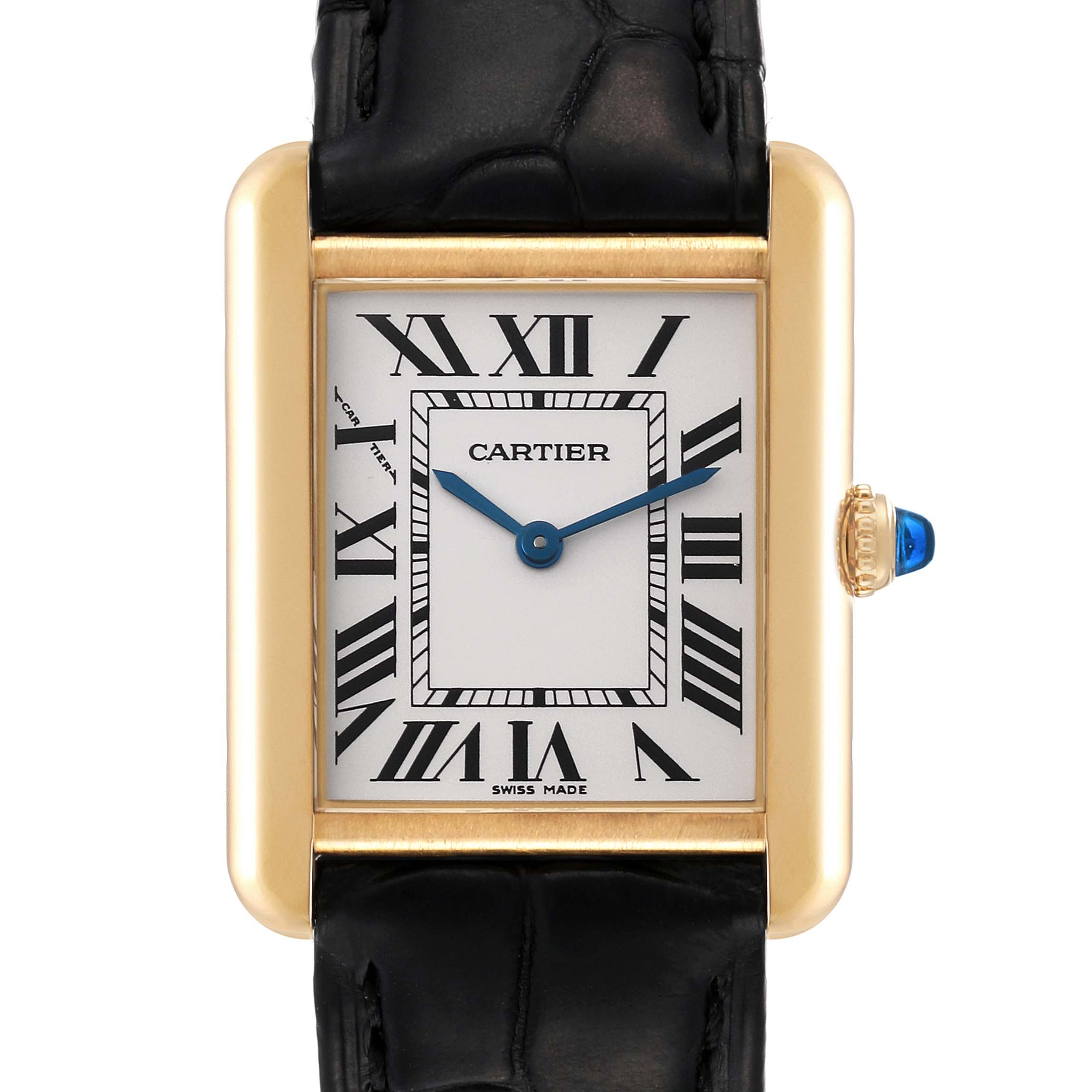 This image shows a Cartier Tank Solo W1018755 Women's Yellow Gold Silver Dial W1018755 Women's Yellow Gold Silver Dial watch from a front view, highlighting the face with Roman numerals and the black leather strap.
