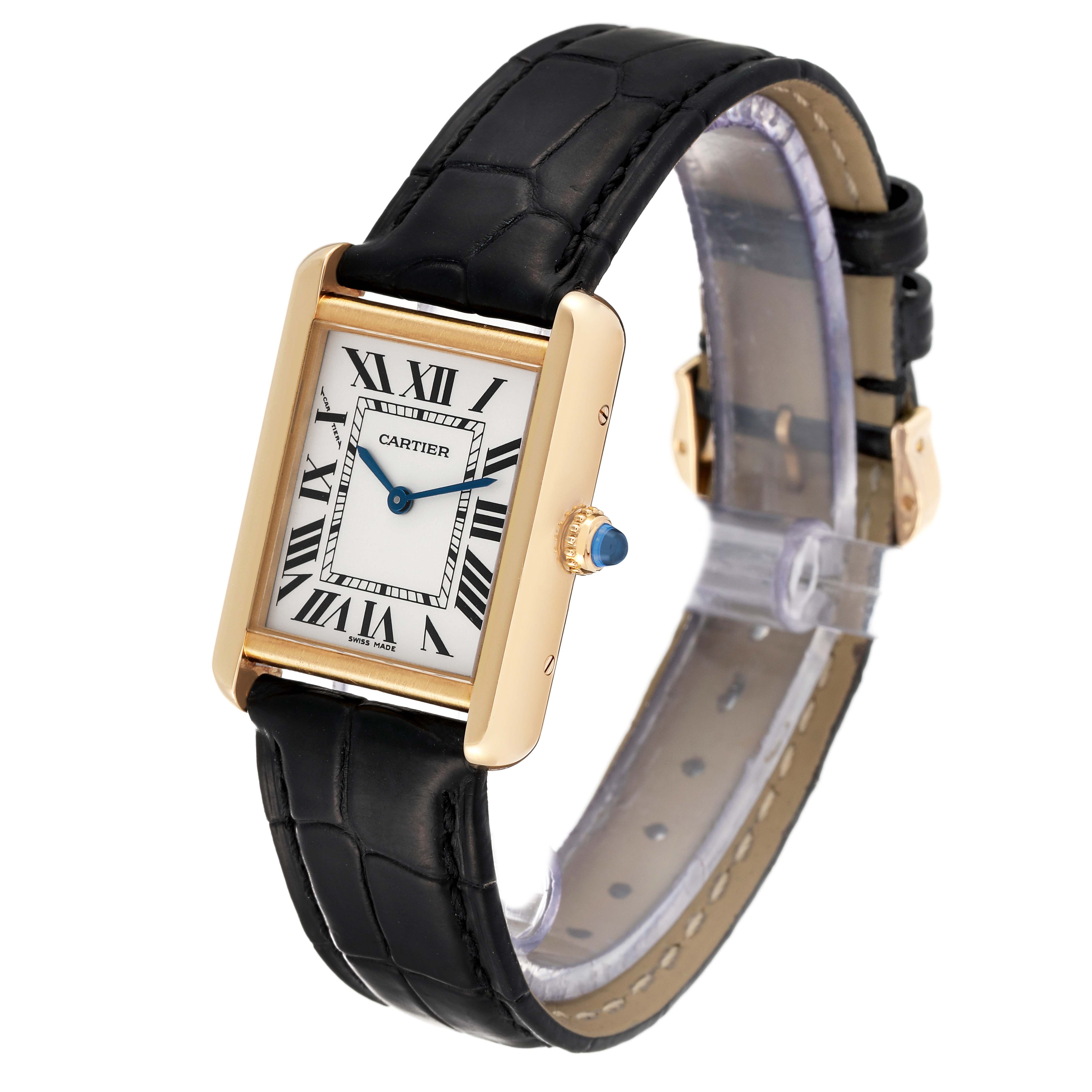 The Cartier Tank Solo W1018755 Women's Yellow Gold Silver Dial W1018755 Women's Yellow Gold Silver Dial watch is shown at a slight angle, displaying its rectangular face, crown, and black leather strap.