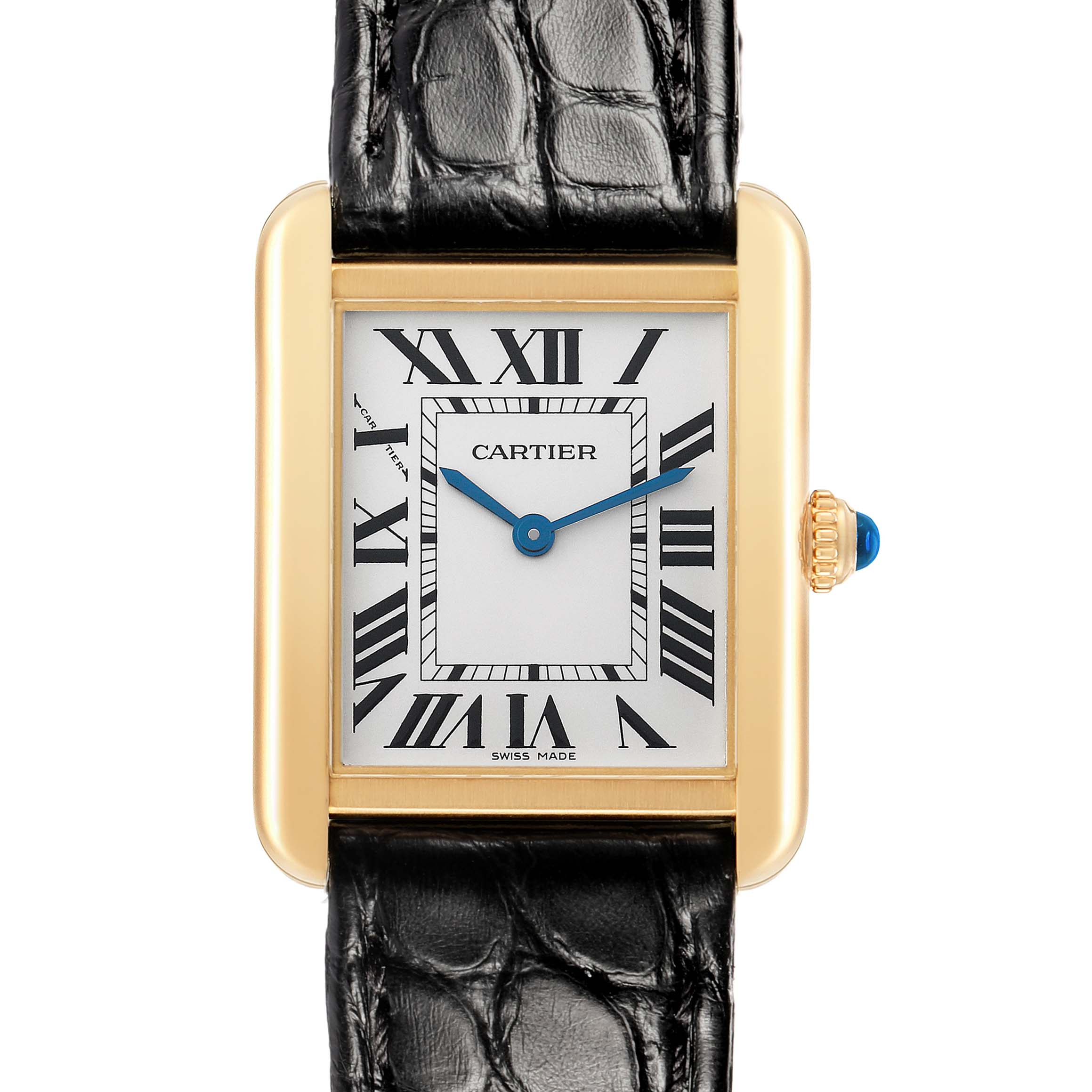 The Cartier Tank Solo W5200002 Women
s Steel and Gold (two tone) Silver Dial watch is shown from the front, displaying the face, Roman numerals, hands, case, crown, and leather strap.