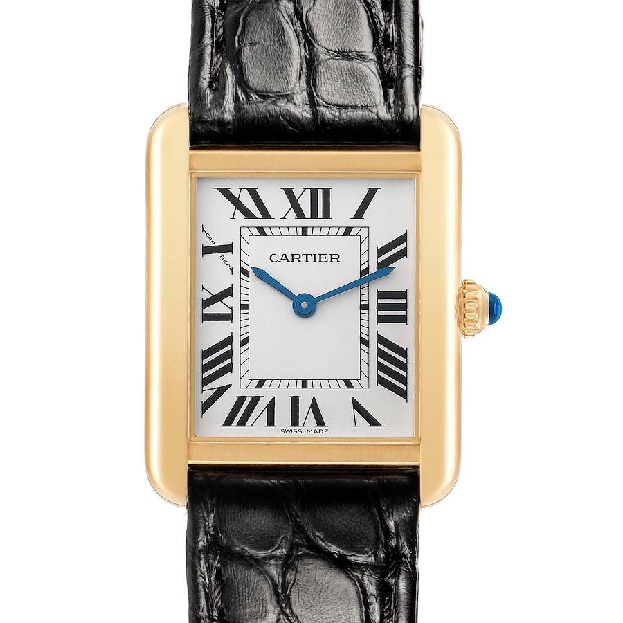 The Cartier Tank Solo W5200002 Women's Steel and Gold (two tone) Silver Dial watch is shown from the front, displaying the face, Roman numerals, hands, case, crown, and leather strap.
