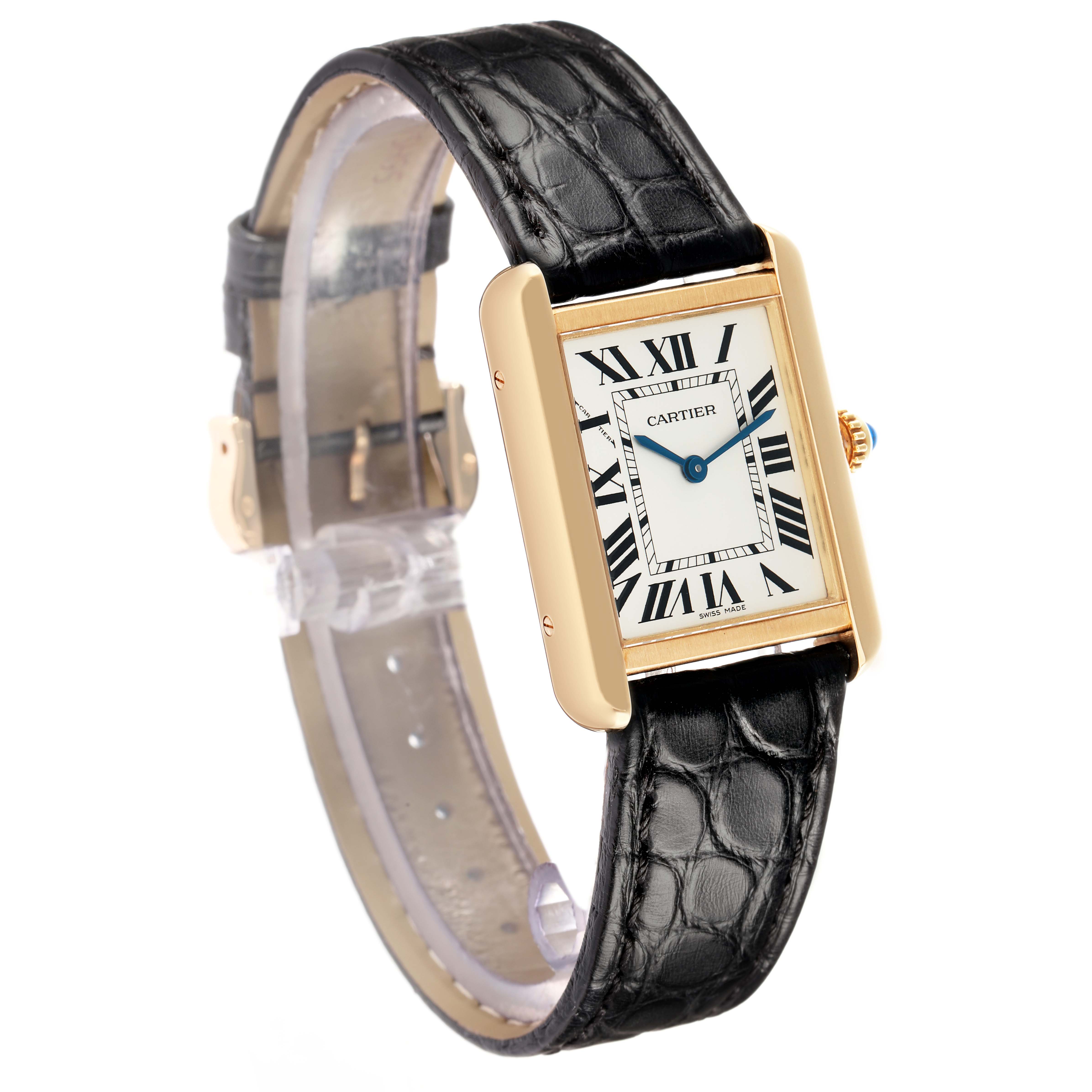 The Cartier Tank Solo W5200002 Women
s Steel and Gold (two tone) Silver Dial watch is shown at a slight angle, highlighting the face, case, crown, and leather strap.