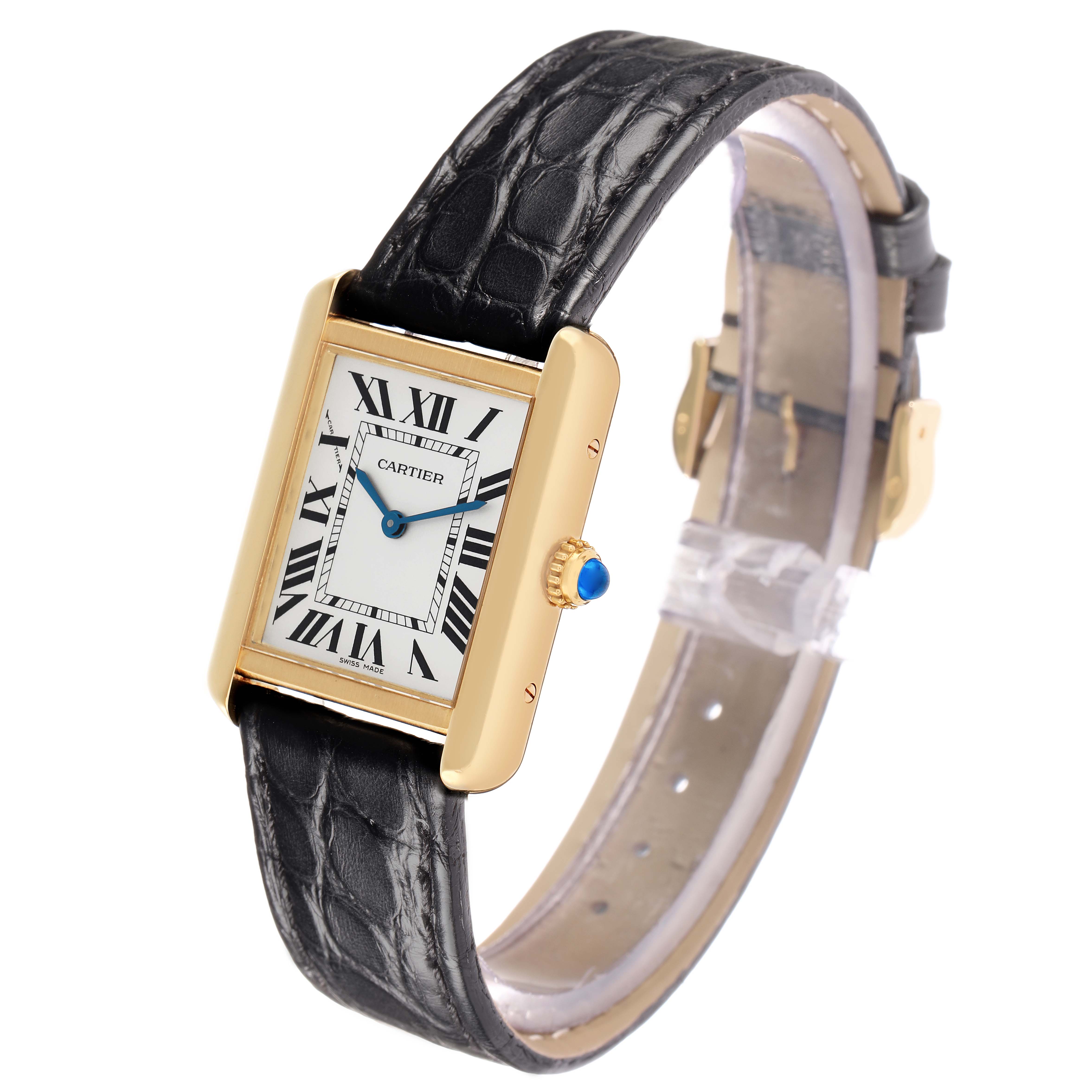 The Cartier Tank Solo W5200002 Women
s Steel and Gold (two tone) Silver Dial watch is shown at an angled side view, highlighting its rectangular face and black leather strap.