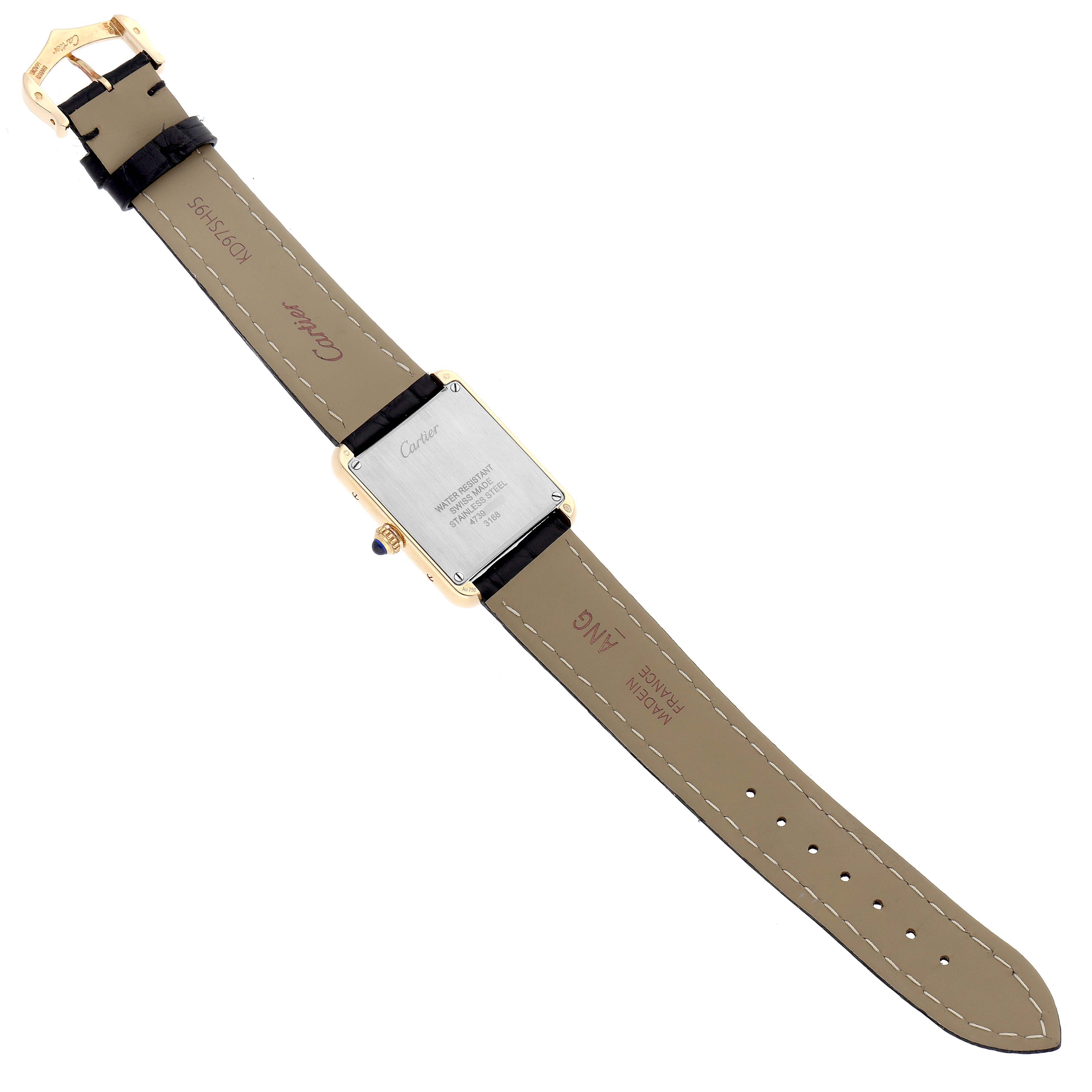 The Cartier Tank Solo W5200002 Women
s Steel and Gold (two tone) Silver Dial watch is shown from the back, highlighting the caseback, strap, and buckle.