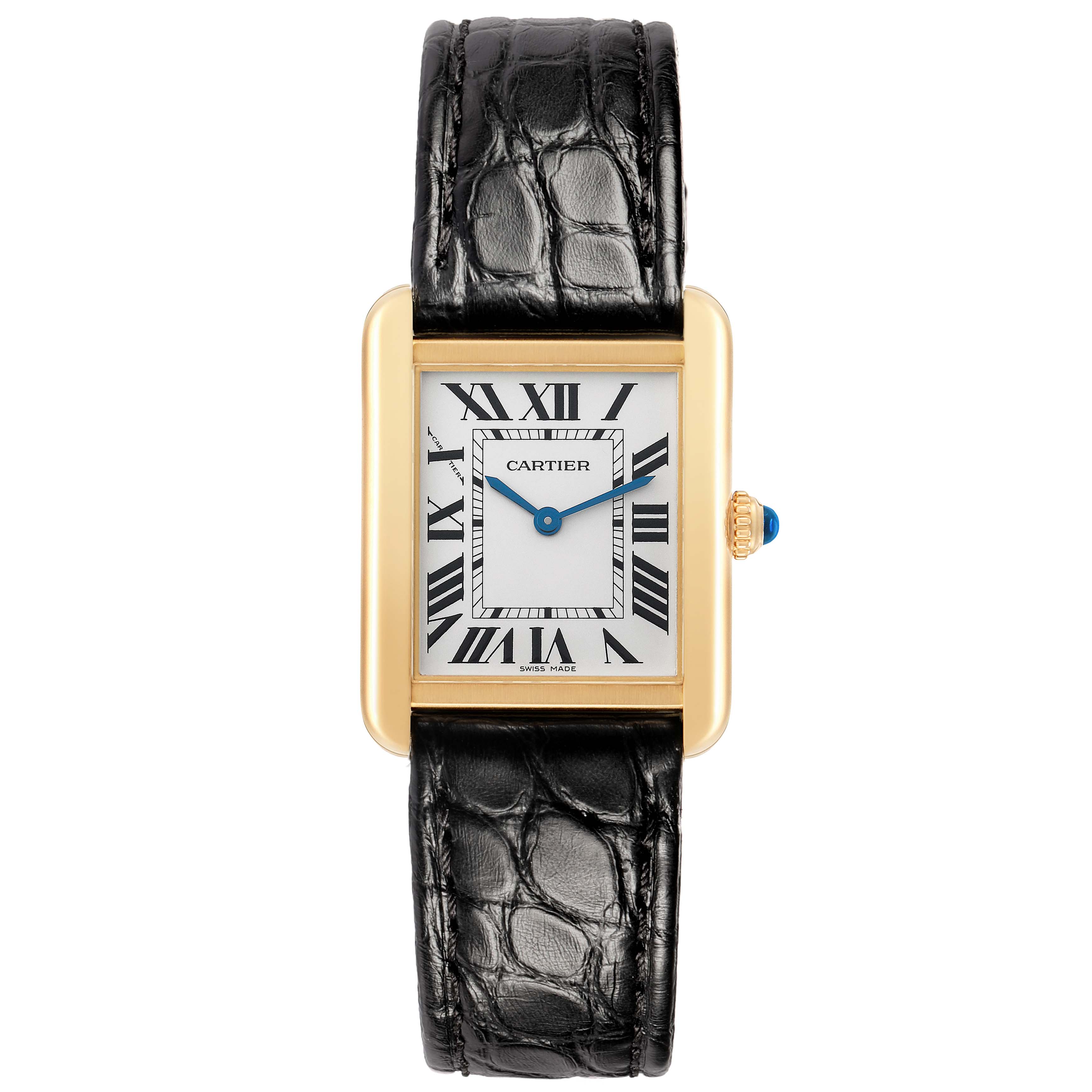 The image shows a Cartier Tank Solo W5200002 Women
s Steel and Gold (two tone) Silver Dial watch with a top-down view, displaying the face, Roman numerals, and black leather strap.