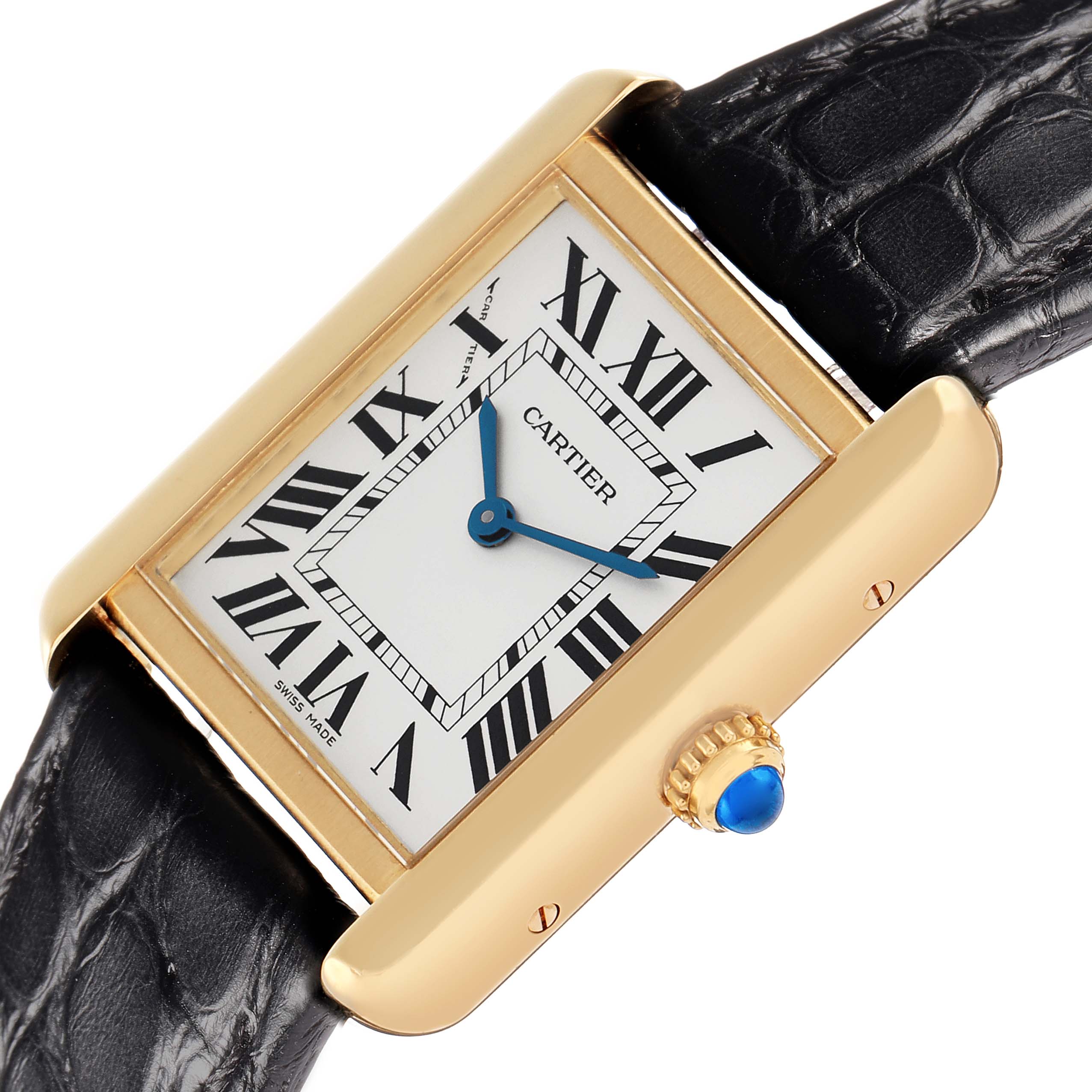 The Cartier Tank Solo W5200002 Women
s Steel and Gold (two tone) Silver Dial watch is shown at an angled view, highlighting its rectangular face, gold casing, and black strap.