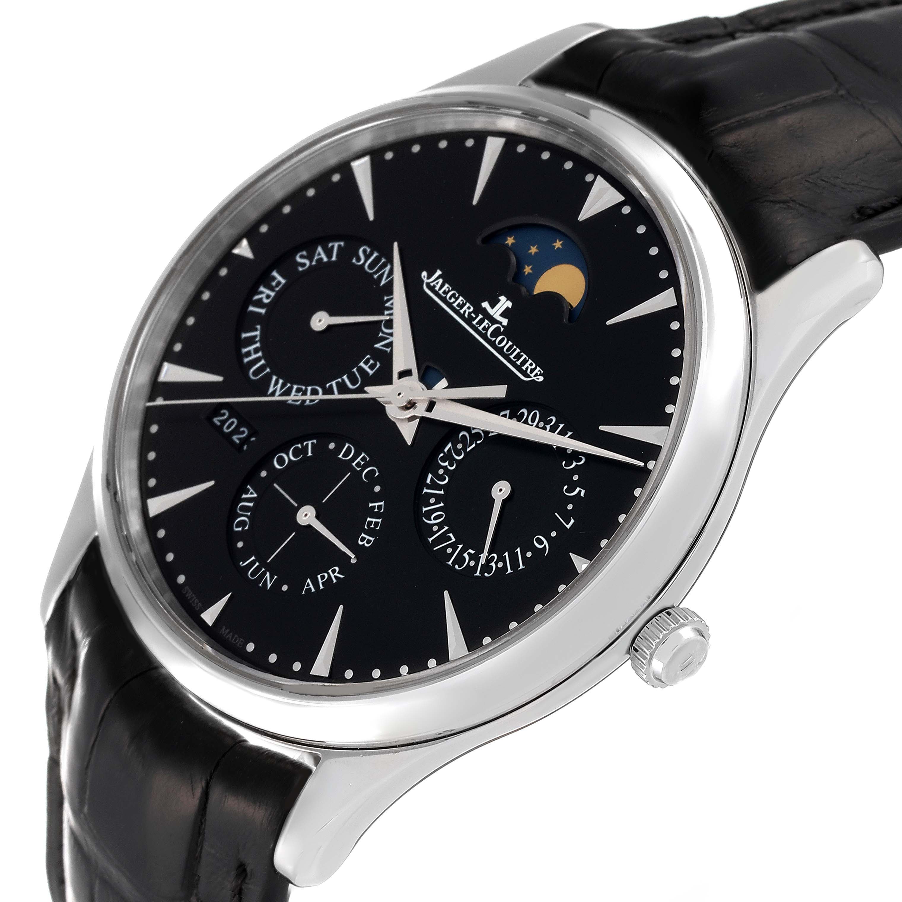 The image shows a Jaeger-LeCoultre Master model watch from an angled side view, displaying the dial, sub-dials, and crown.