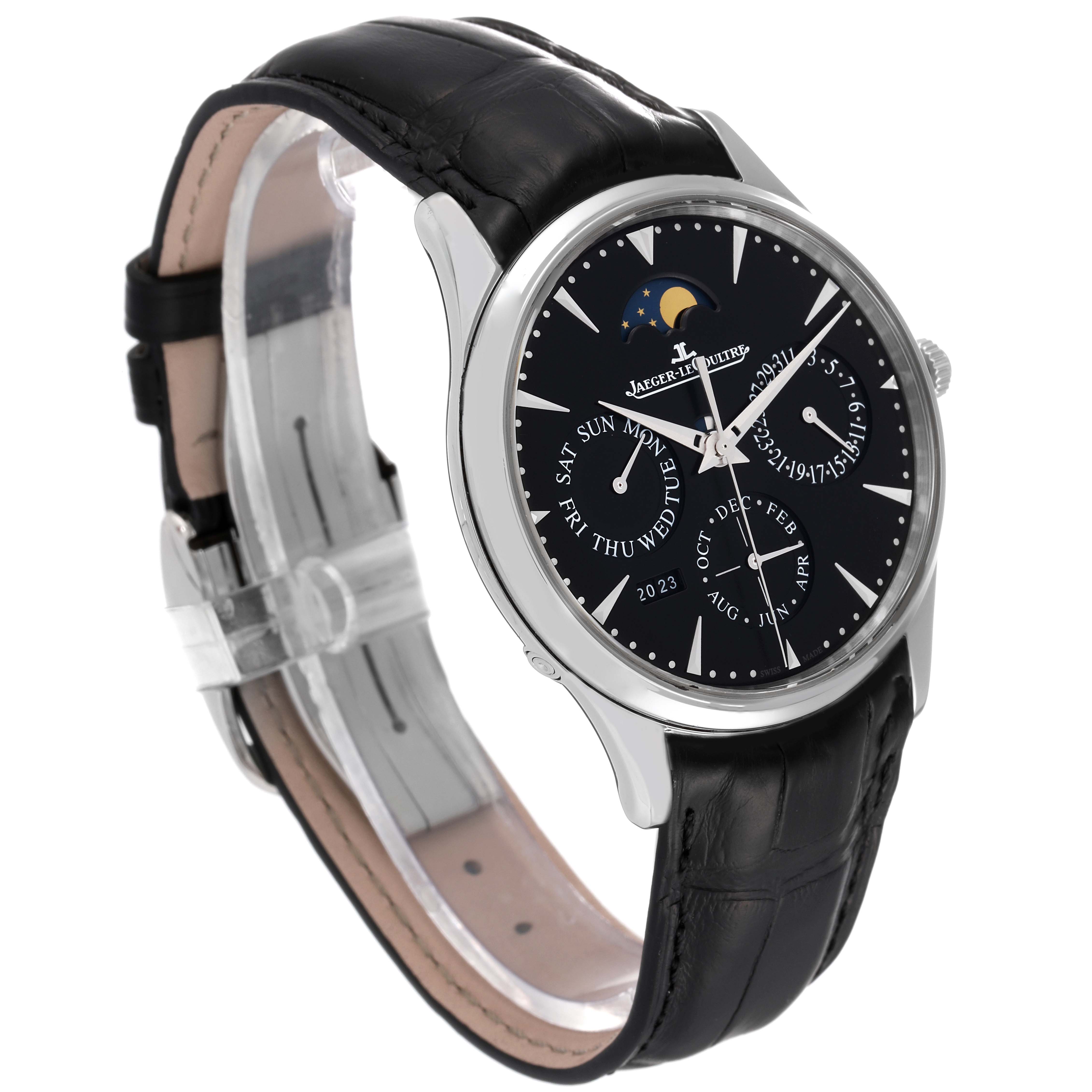 The image shows a Jaeger LeCoultre Master Q1308470 Men's Stainless Steel Black Dial Q1308470 Men's Stainless Steel Black Dial model watch from an angled side view, highlighting the dial and leather strap.