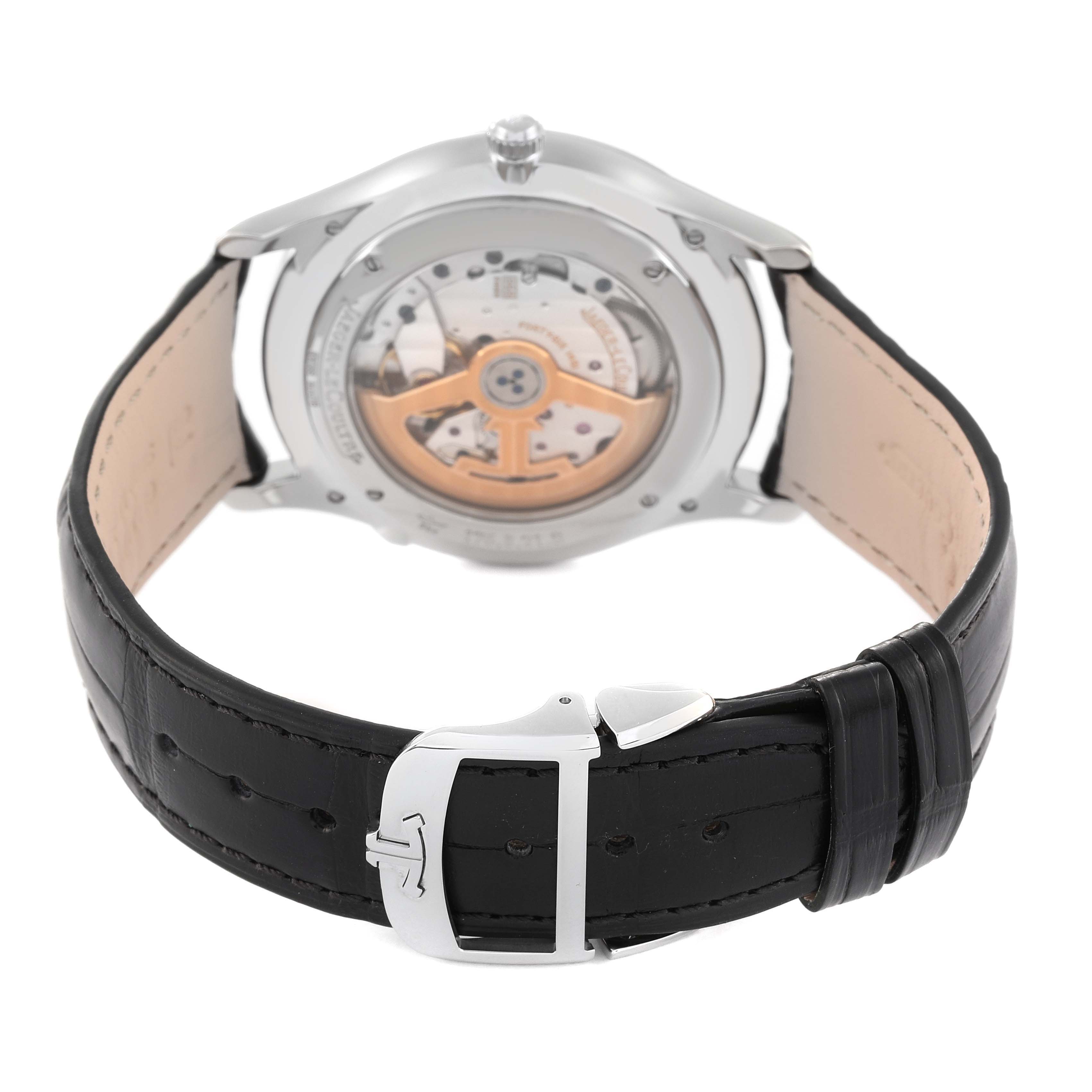 This image shows the back of the Jaeger LeCoultre Master Q1308470 Men's Stainless Steel Black Dial Q1308470 Men's Stainless Steel Black Dial model watch with its inner mechanism and leather strap visible.