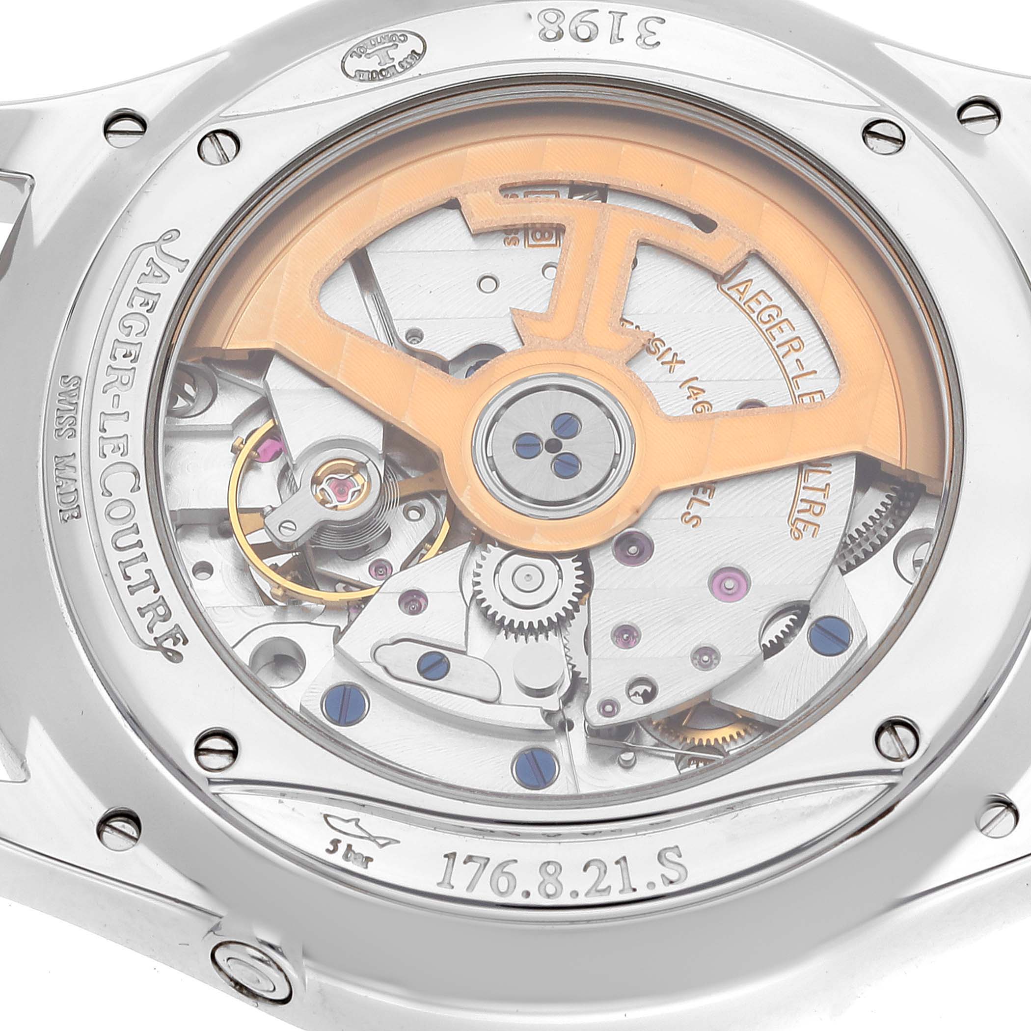 The image shows the back view of a Jaeger-LeCoultre Master model watch, highlighting its intricate movement and rotor.