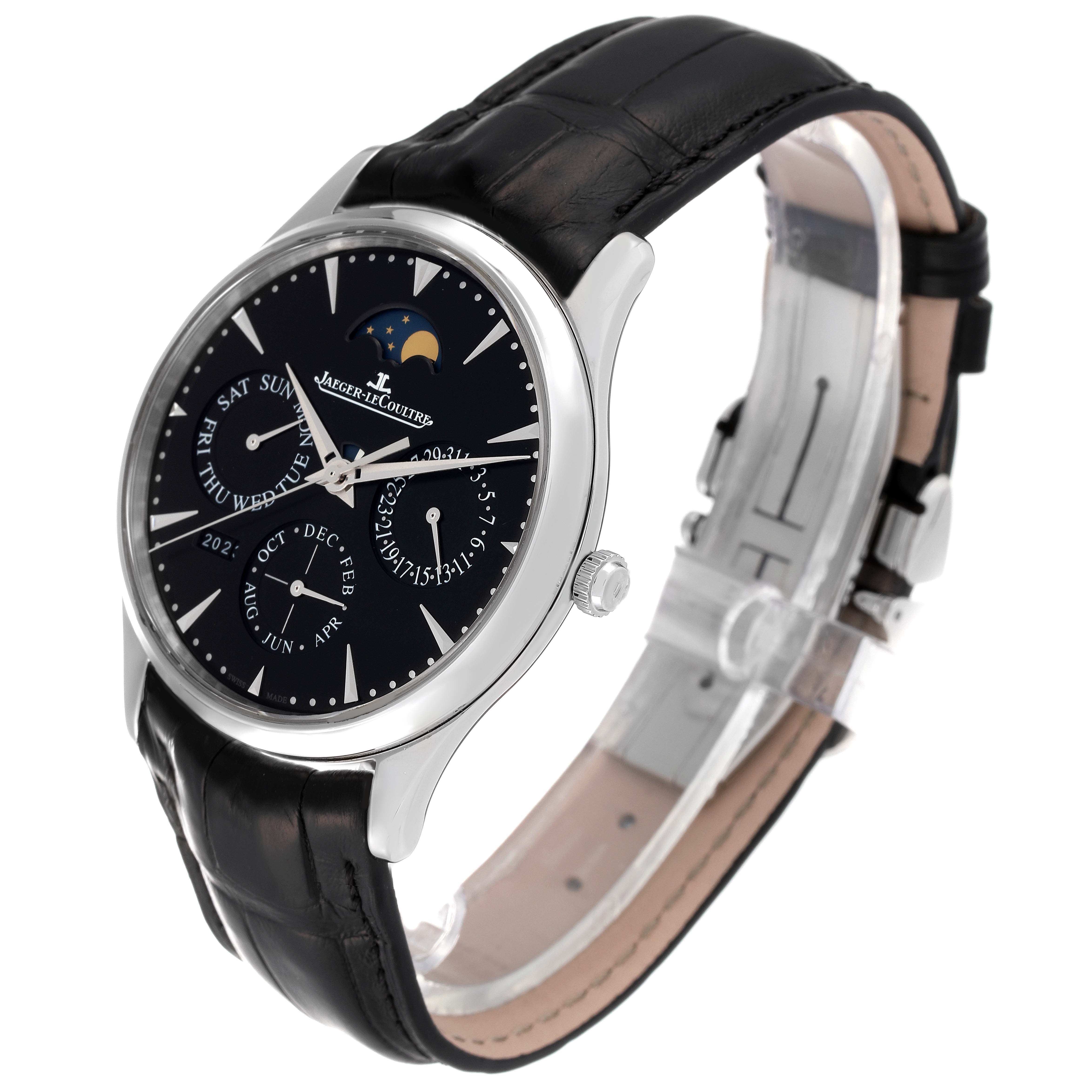 The image shows a Jaeger LeCoultre Master Q1308470 Men's Stainless Steel Black Dial Q1308470 Men's Stainless Steel Black Dial model watch with a front angled view, displaying the face, strap, and crown.