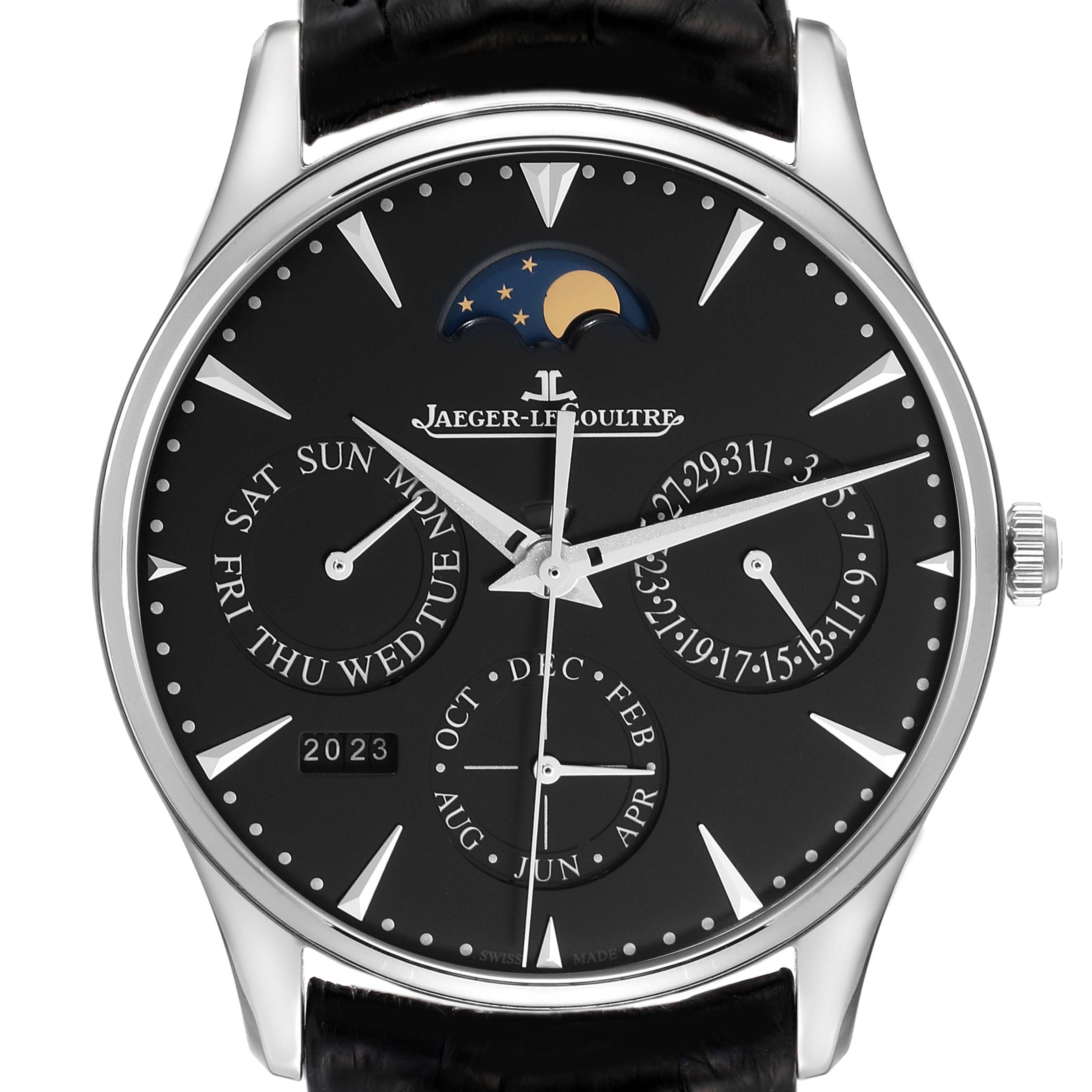 The image shows a close-up of a Jaeger-LeCoultre Master watch, highlighting its moon phase, day, month, and date functions.