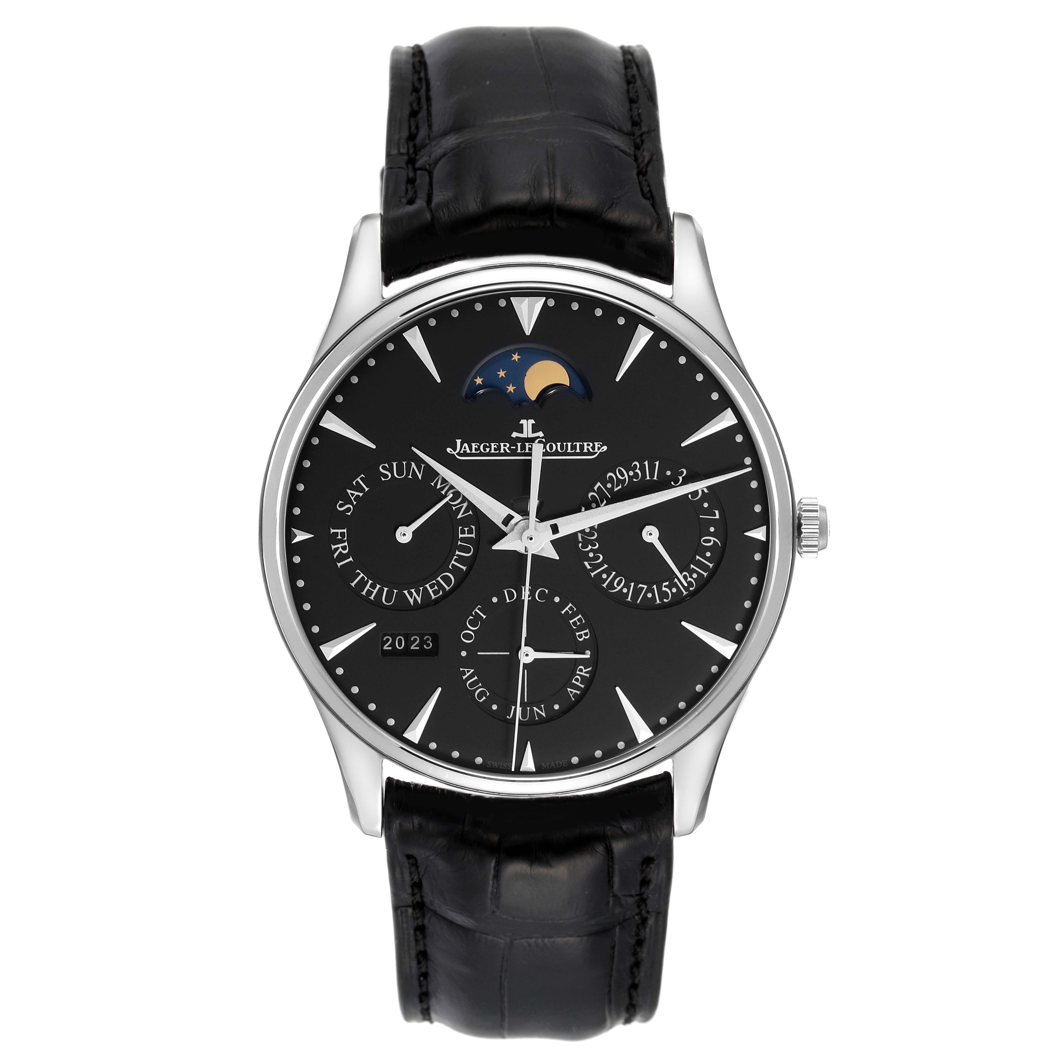 The Jaeger LeCoultre Master Q1308470 Men's Stainless Steel Black Dial Q1308470 Men's Stainless Steel Black Dial model watch is shown from a front angle, displaying the dial, hands, moon phase, and leather strap.