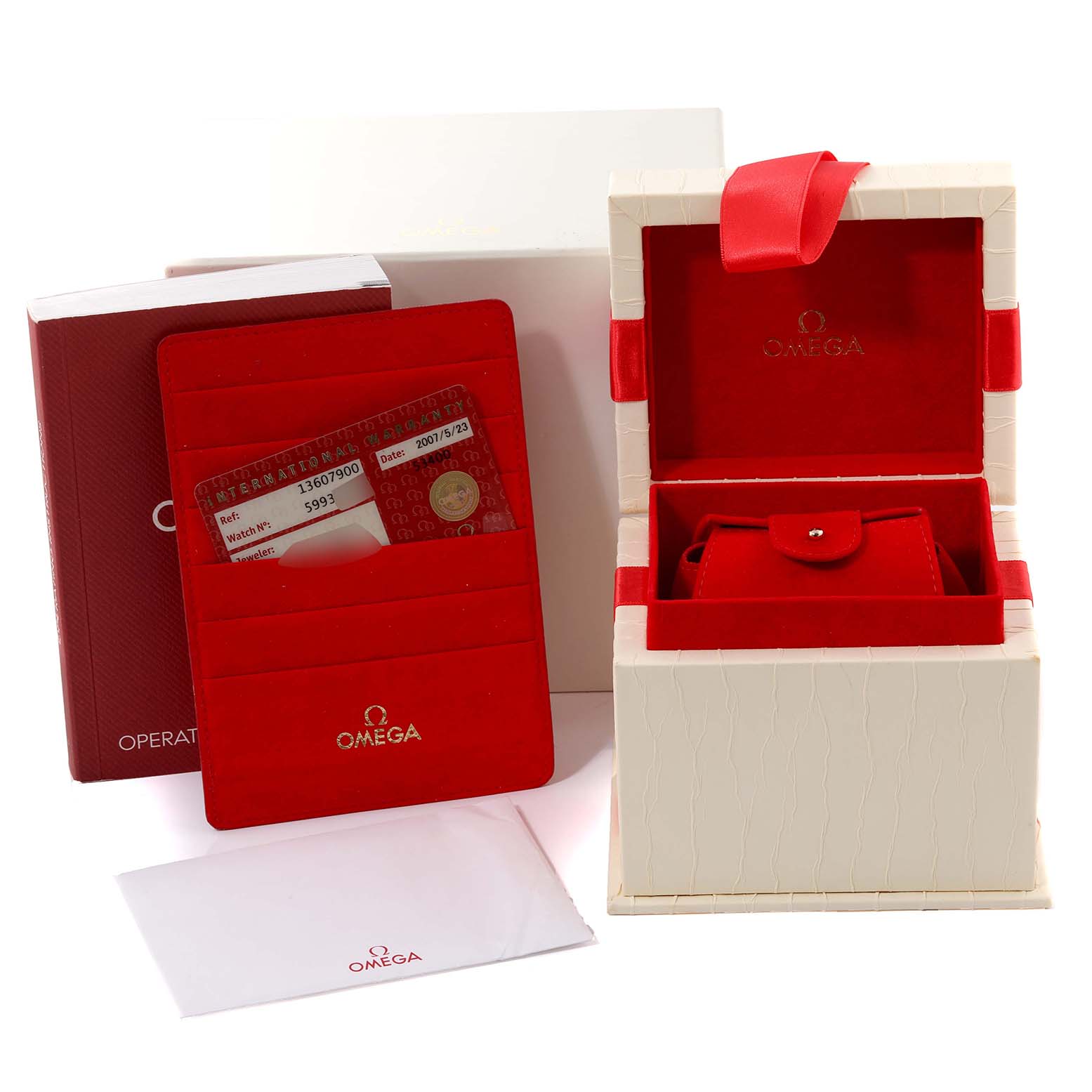 The image shows the Omega 1360.79.00 Women's Steel and Gold (two tone) Mother of Pearl Dial 1360.79.00 Women's Steel and Gold (two tone) Mother of Pearl Dial Constellation Steel Rose Gold Mother of Pearl Diamond Ladies Watch 1360.79.00 packaging, including the box, cardholder, and documentation.