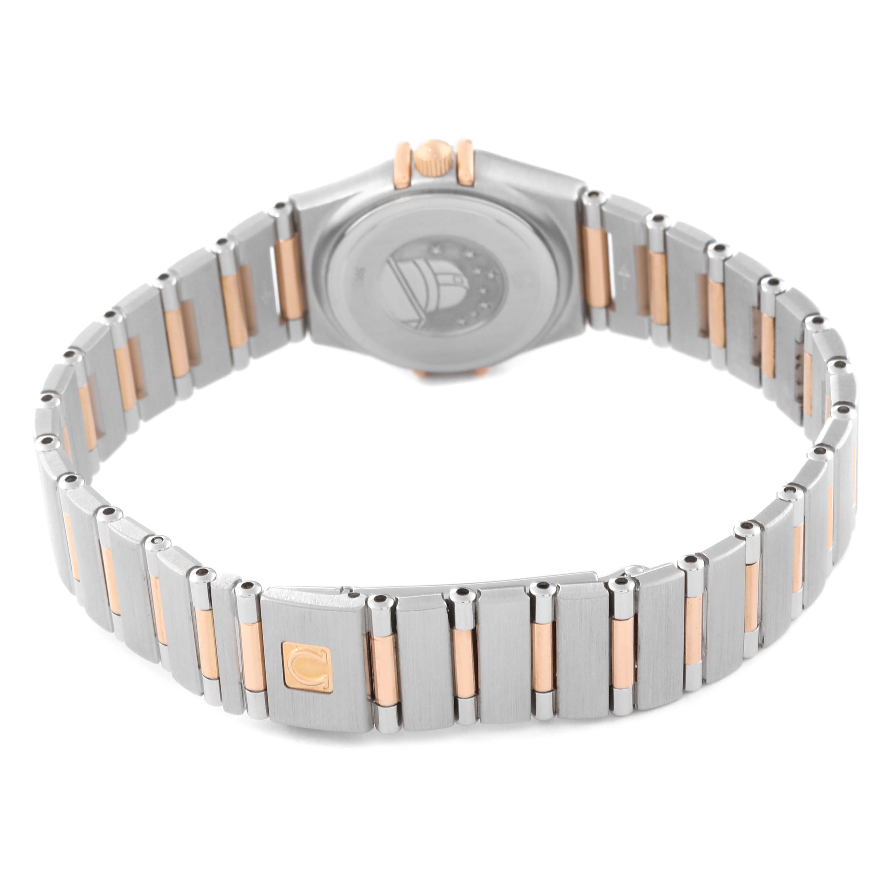 This image shows the back view and bracelet of the Omega 1360.79.00 Women's Steel and Gold (two tone) Mother of Pearl Dial 1360.79.00 Women's Steel and Gold (two tone) Mother of Pearl Dial Constellation Steel Rose Gold 1360.79.00 Ladies Watch.