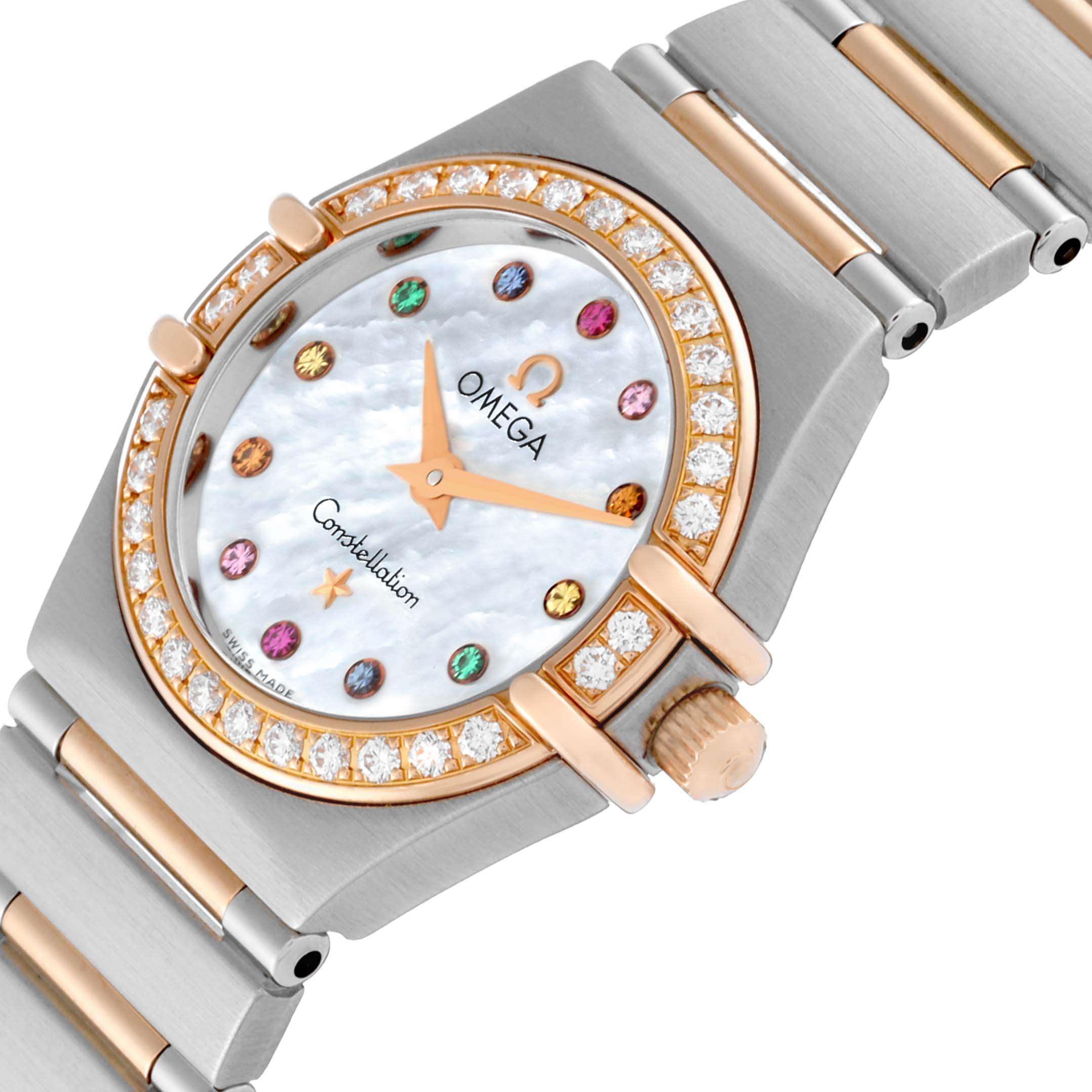 The image shows an angled view of the Omega 1360.79.00 Women's Steel and Gold (two tone) Mother of Pearl Dial 1360.79.00 Women's Steel and Gold (two tone) Mother of Pearl Dial Constellation Steel Rose Gold Mother of Pearl Diamond Ladies Watch 1360.79.00, highlighting the face, bezel, crown, and part of the bracelet.