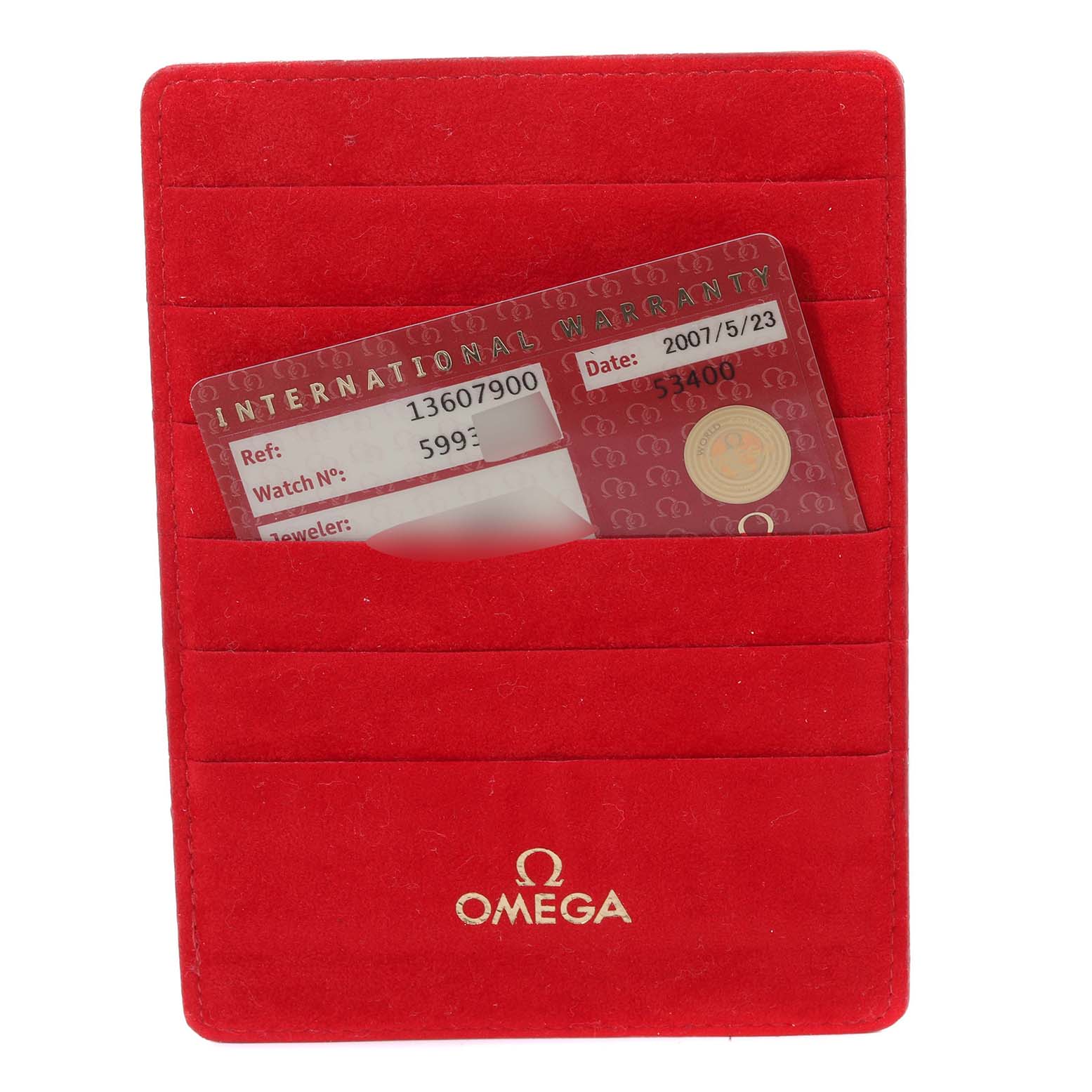 The image shows the warranty card and red holder for the Omega 1360.79.00 Women's Steel and Gold (two tone) Mother of Pearl Dial 1360.79.00 Women's Steel and Gold (two tone) Mother of Pearl Dial Constellation 1360.79.00 watch.