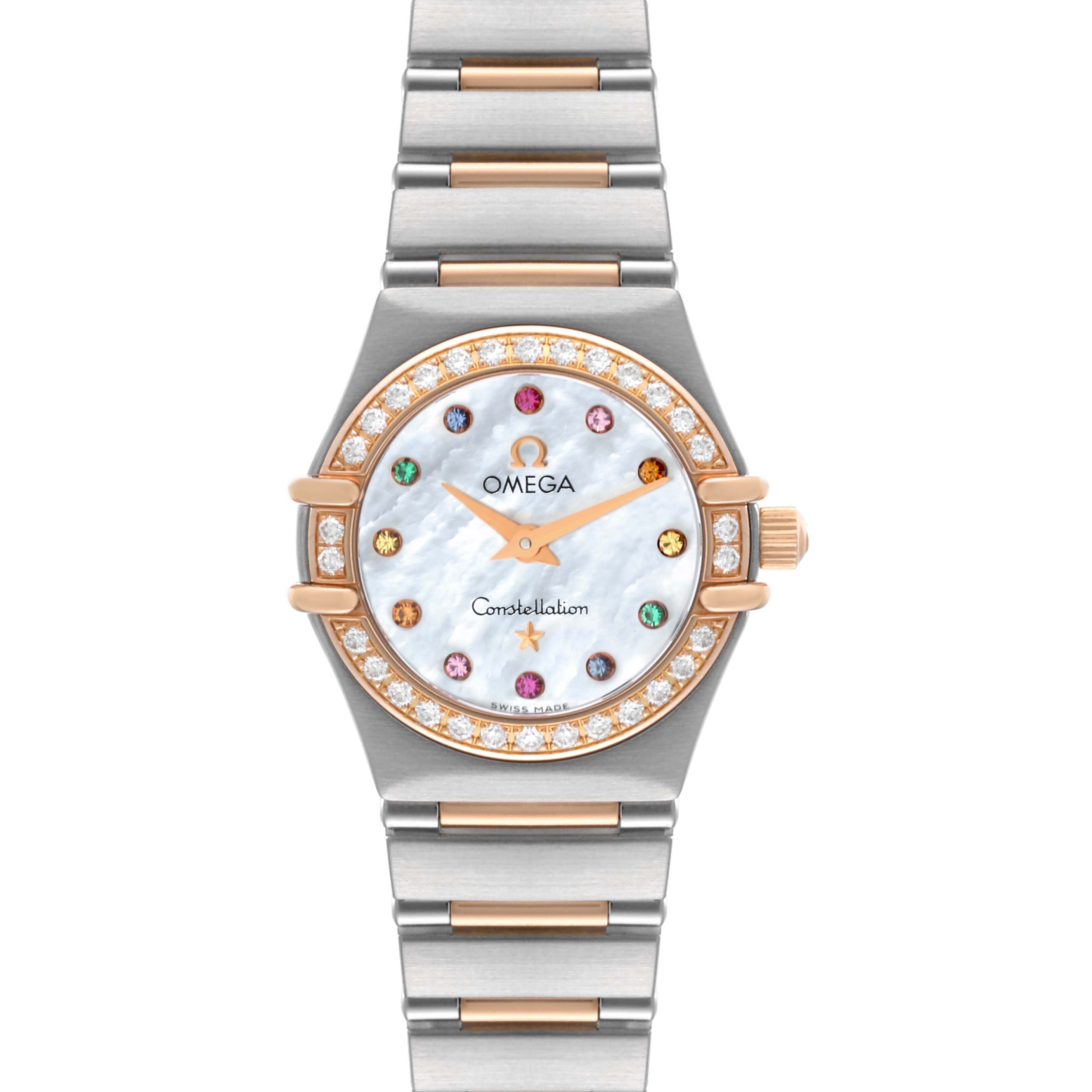 The image shows a front view of the Omega 1360.79.00 Women's Steel and Gold (two tone) Mother of Pearl Dial 1360.79.00 Women's Steel and Gold (two tone) Mother of Pearl Dial Constellation Steel Rose Gold Mother of Pearl Diamond Ladies Watch 1360.79.00.