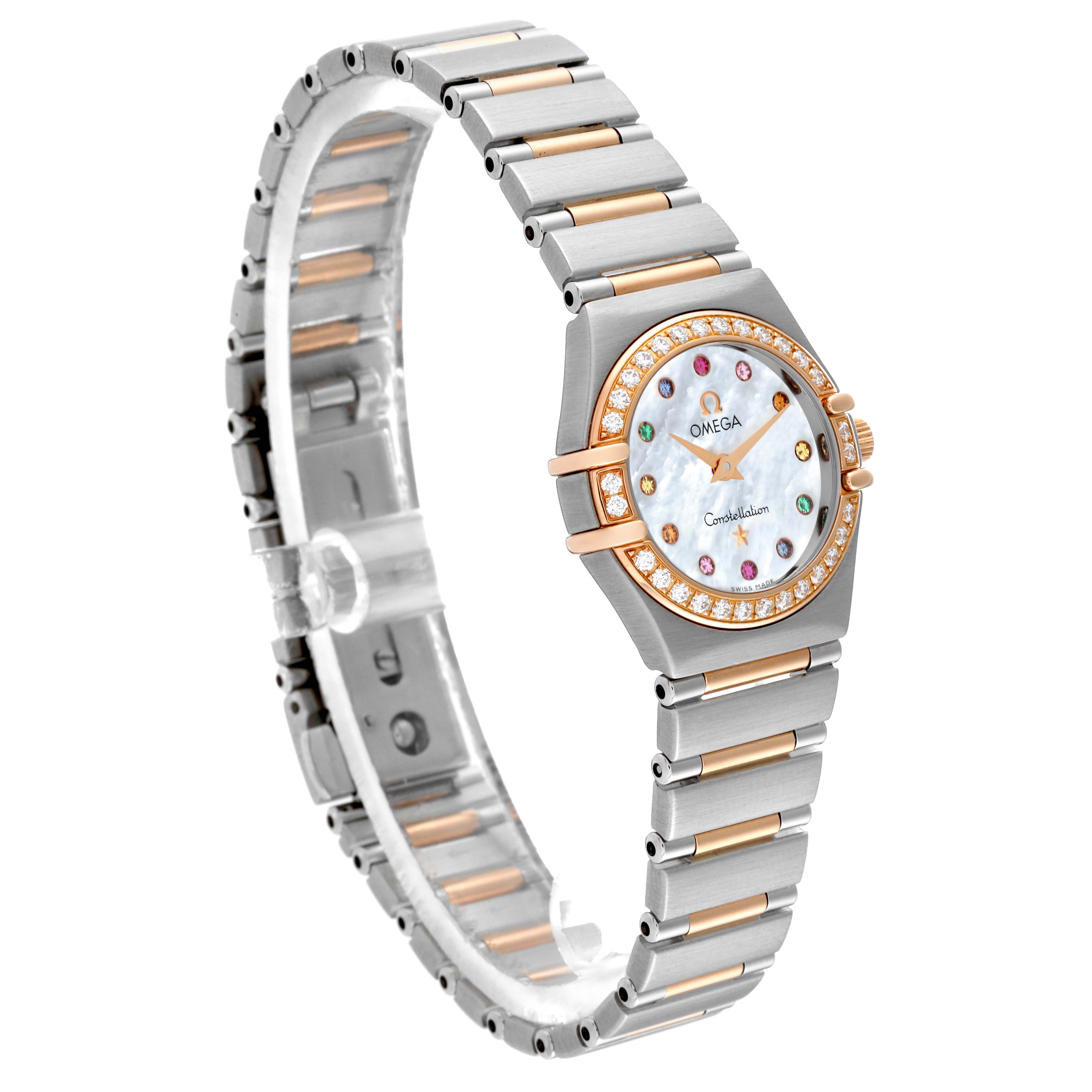 The image shows a side angle of the Omega 1360.79.00 Women's Steel and Gold (two tone) Mother of Pearl Dial 1360.79.00 Women's Steel and Gold (two tone) Mother of Pearl Dial Constellation Steel Rose Gold Mother of Pearl Diamond Ladies Watch 1360.79.00, displaying the band and face.