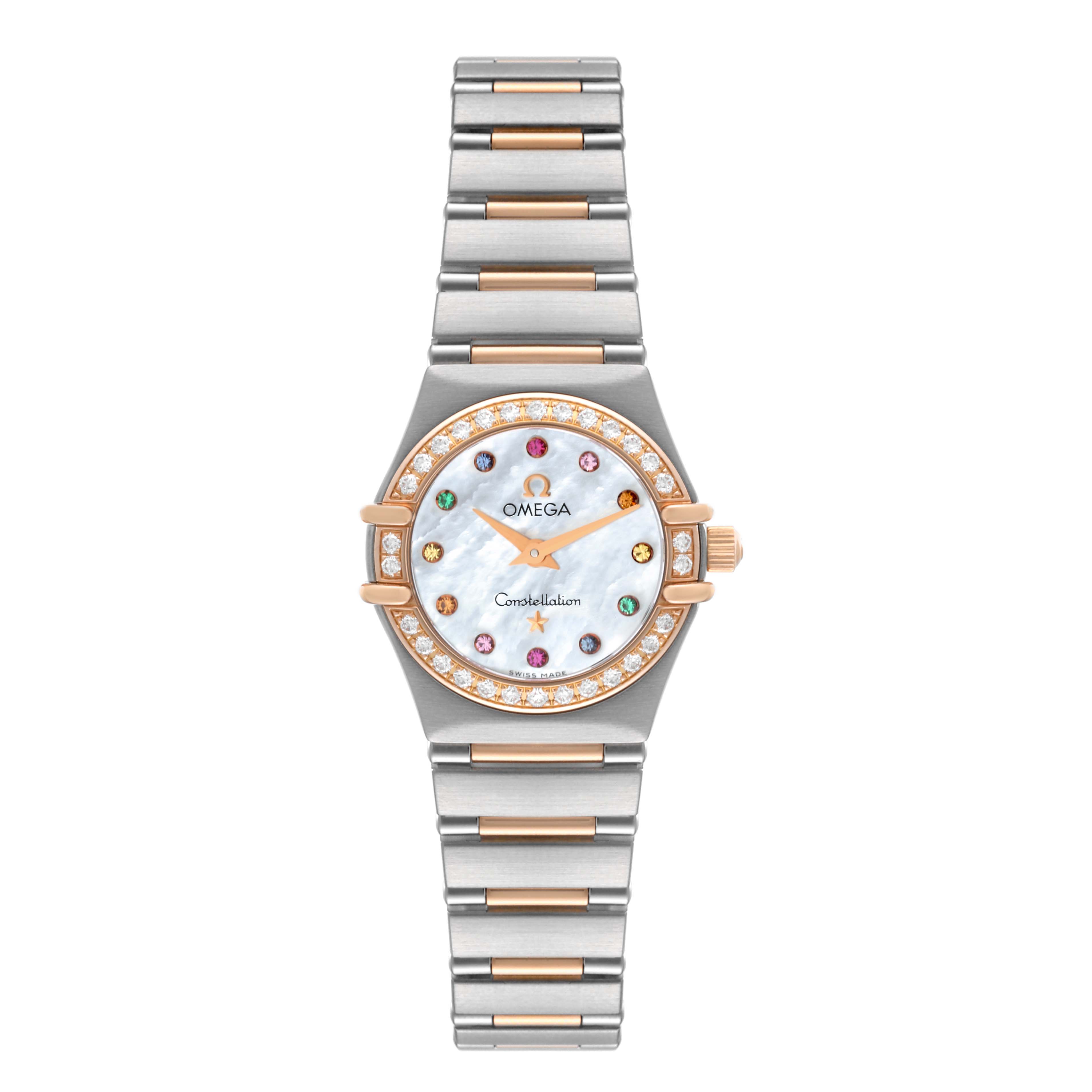 This image shows an Omega 1360.79.00 Women's Steel and Gold (two tone) Mother of Pearl Dial 1360.79.00 Women's Steel and Gold (two tone) Mother of Pearl Dial Constellation Steel Rose Gold Mother of Pearl Diamond Ladies Watch 1360.79.00 in a frontal view.