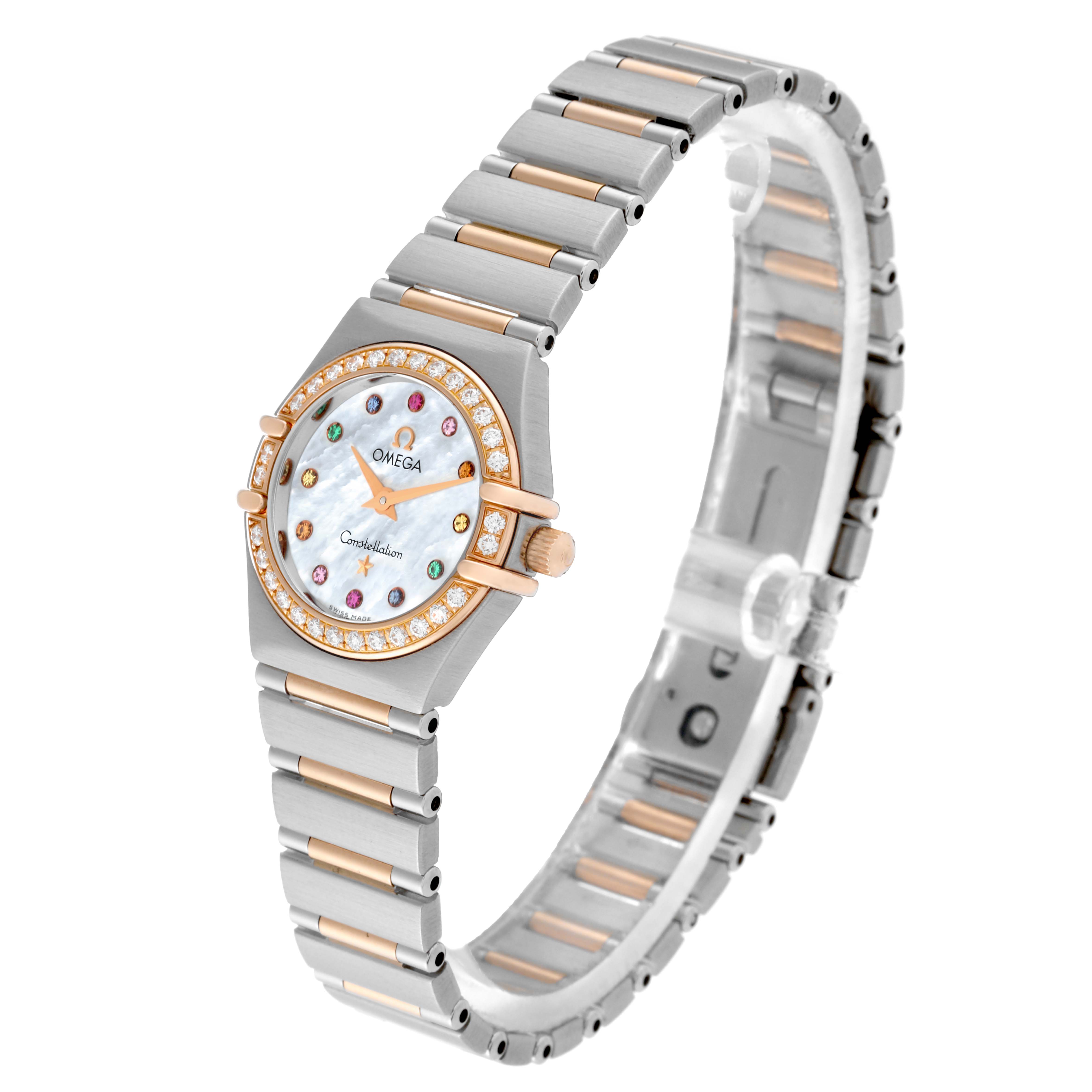 The Omega 1360.79.00 Women's Steel and Gold (two tone) Mother of Pearl Dial 1360.79.00 Women's Steel and Gold (two tone) Mother of Pearl Dial Constellation Steel Rose Gold Mother of Pearl Diamond Ladies Watch, model 1360.79.00 is shown at an angle showcasing its bracelet, bezel, and dial.