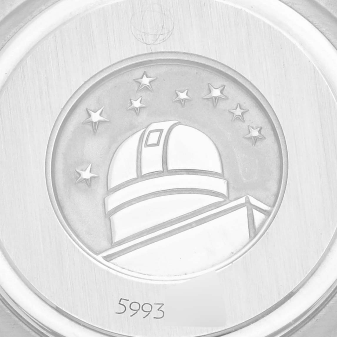 This is a close-up of the case back for the Omega 1360.79.00 Women's Steel and Gold (two tone) Mother of Pearl Dial 1360.79.00 Women's Steel and Gold (two tone) Mother of Pearl Dial Constellation Steel Rose Gold Mother of Pearl Diamond Ladies Watch 1360.79.00 Box Card model.