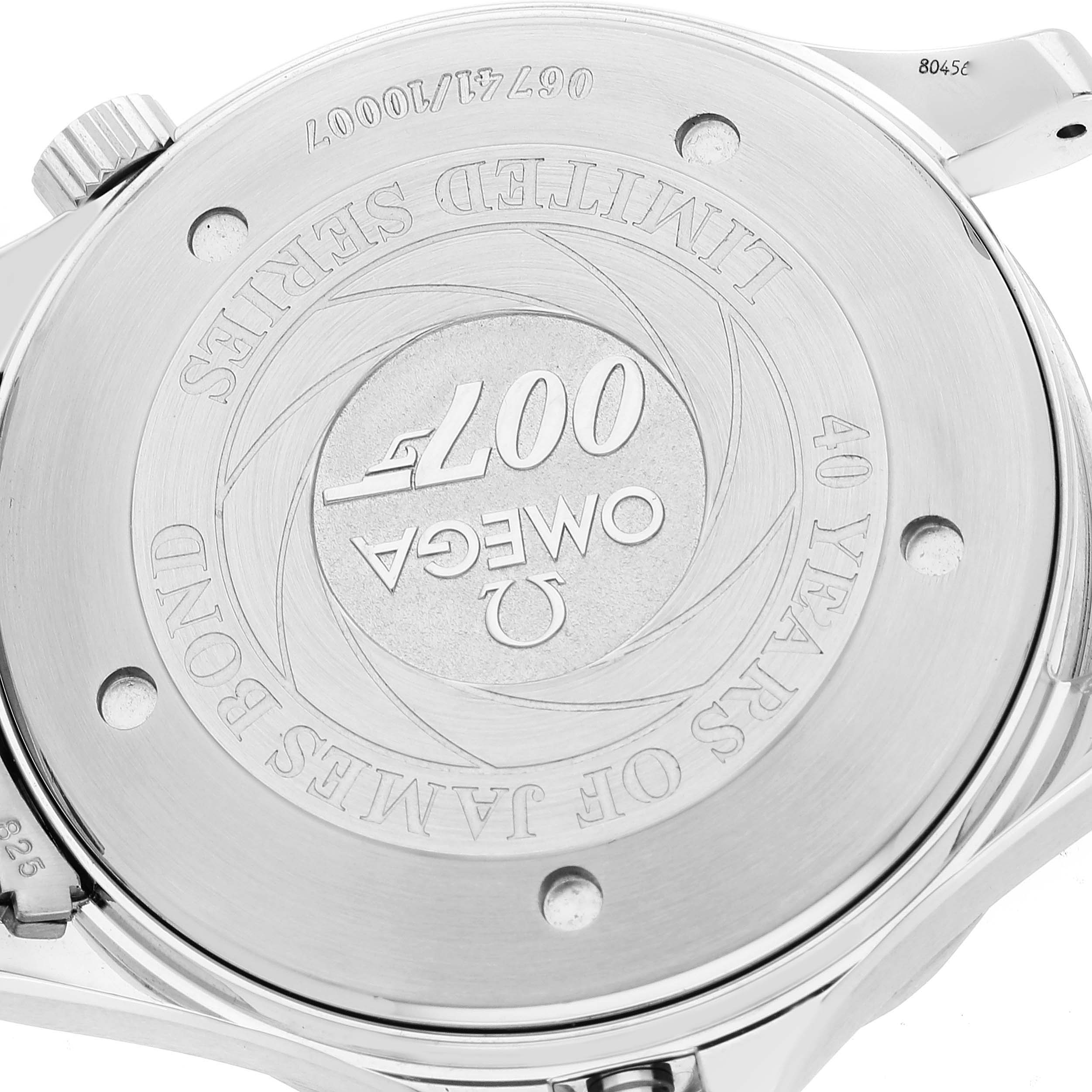 This image shows the back of the Omega Seamaster 2537.80.00 Men's Stainless Steel Blue Dial 2537.80.00 Men's Stainless Steel Blue Dial watch, highlighting its limited series engraving and crown.