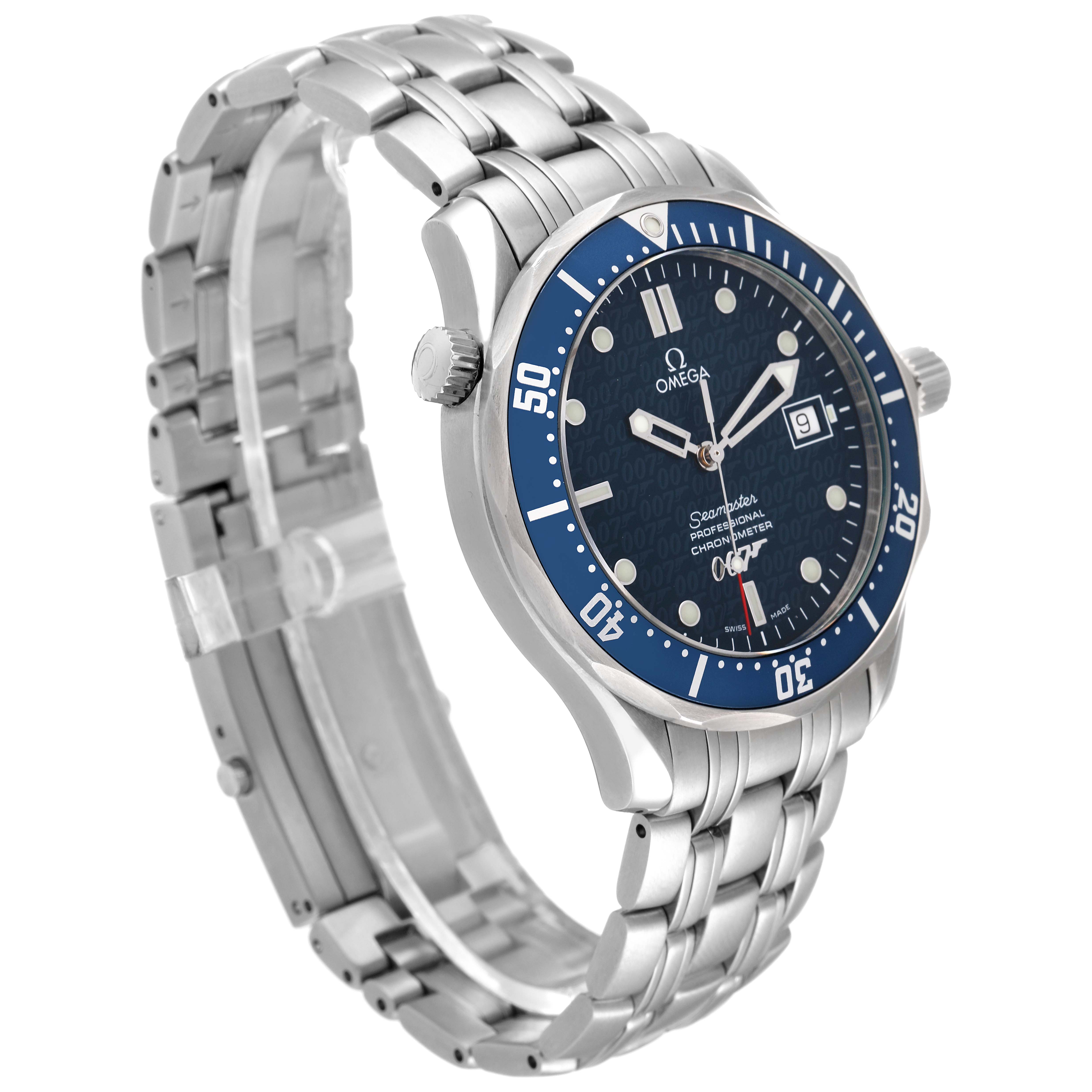 The Omega Seamaster 2537.80.00 Men's Stainless Steel Blue Dial 2537.80.00 Men's Stainless Steel Blue Dial watch is shown at an angled view, displaying its blue dial, bezel, and stainless-steel bracelet.