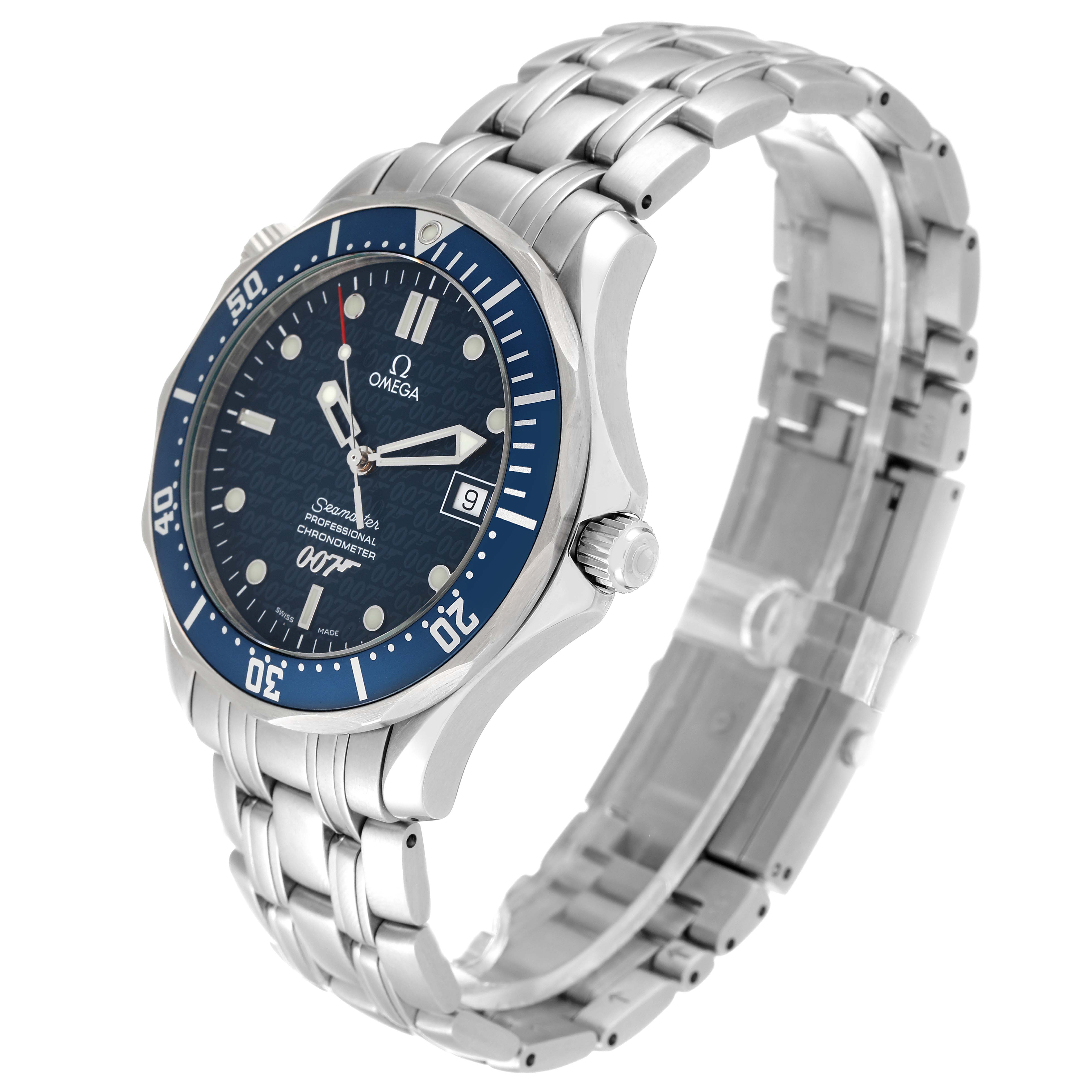 The Omega Seamaster 2537.80.00 Men's Stainless Steel Blue Dial 2537.80.00 Men's Stainless Steel Blue Dial watch is shown at a three-quarters angle, displaying the dial, bezel, crown, and stainless steel bracelet.