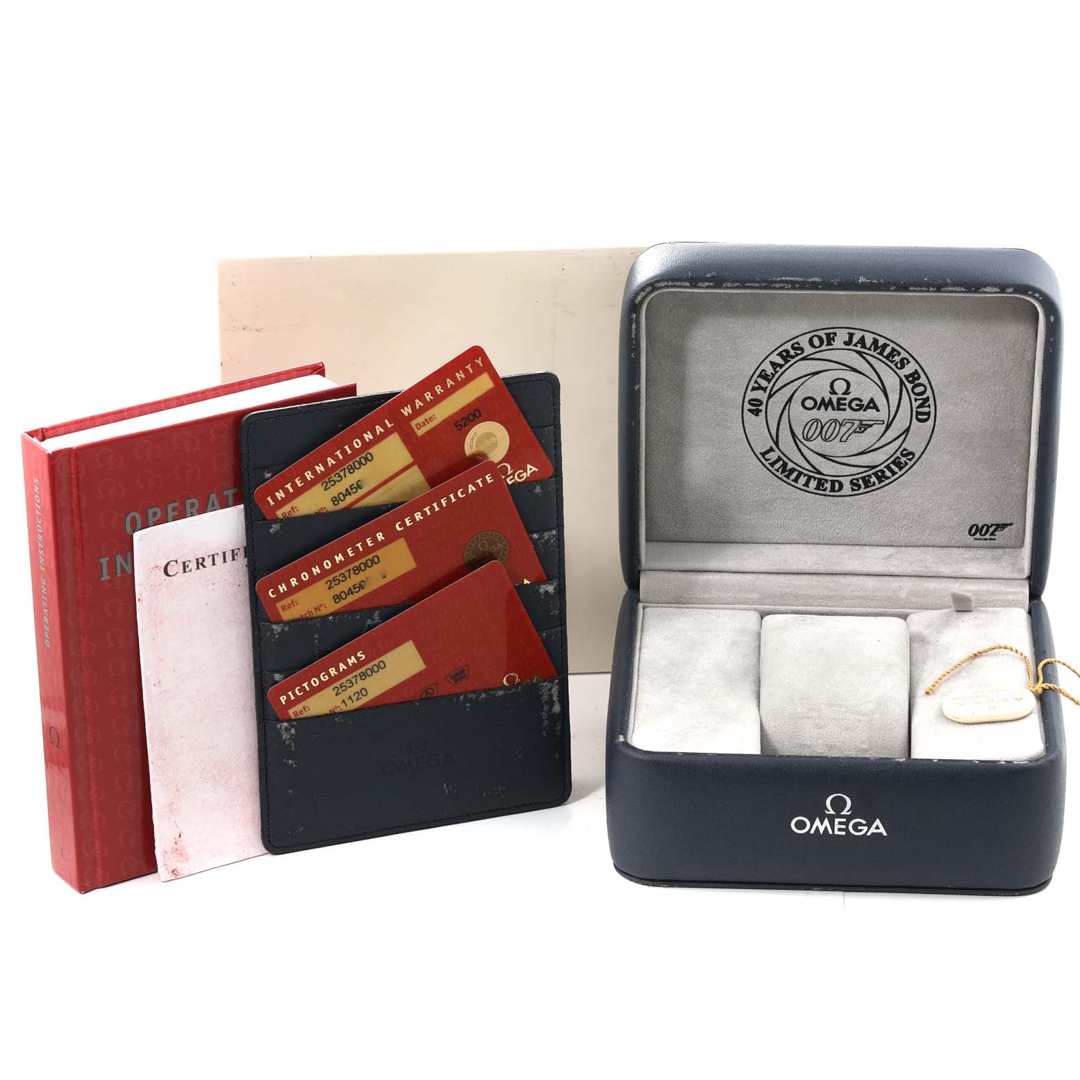 The image shows the open box, booklets, and certification cards for an Omega Seamaster 2537.80.00 Men's Stainless Steel Blue Dial 2537.80.00 Men's Stainless Steel Blue Dial watch from a frontal angle.