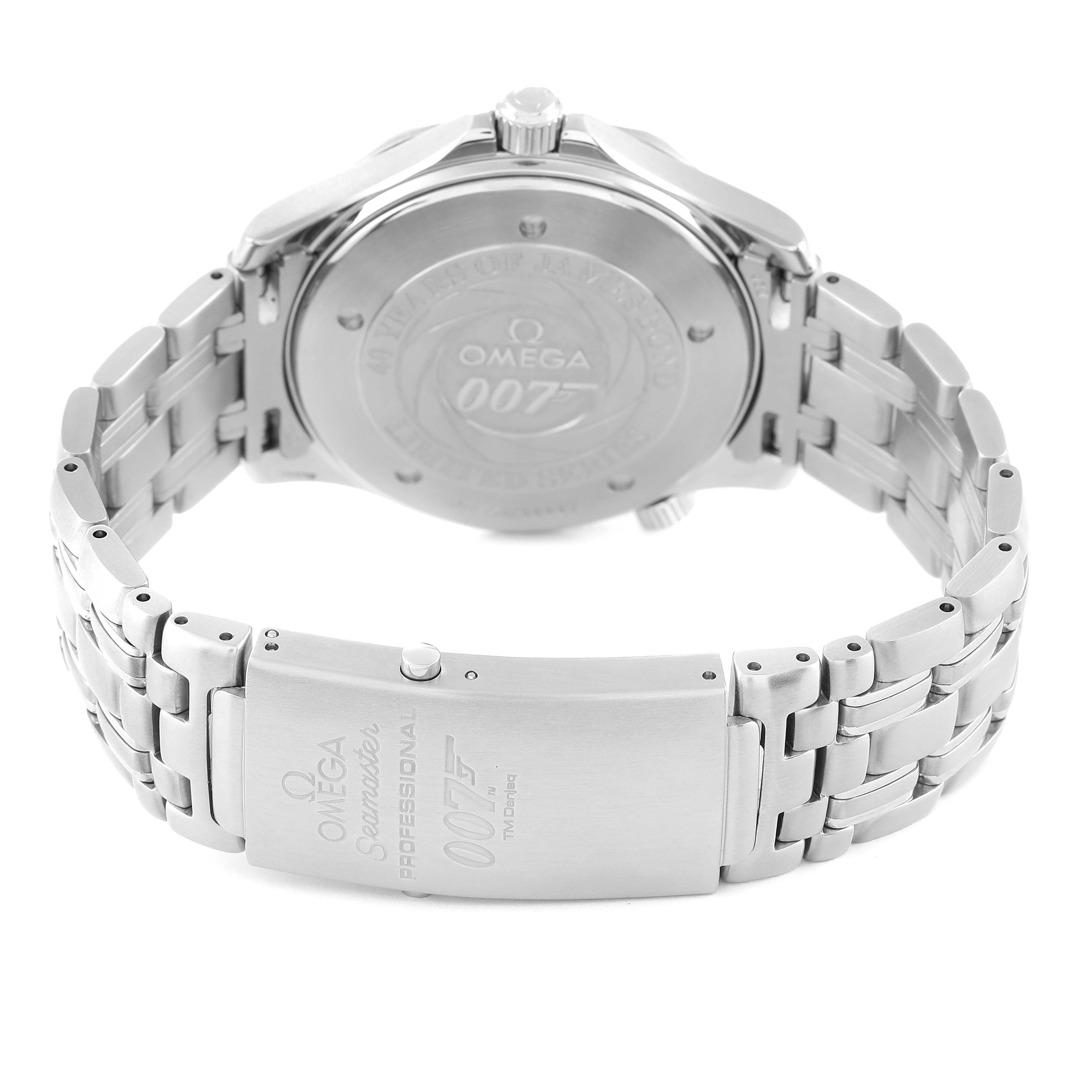 The image shows the back case and metal bracelet of an Omega Seamaster 2537.80.00 Men's Stainless Steel Blue Dial 2537.80.00 Men's Stainless Steel Blue Dial watch, including the clasp and branding.